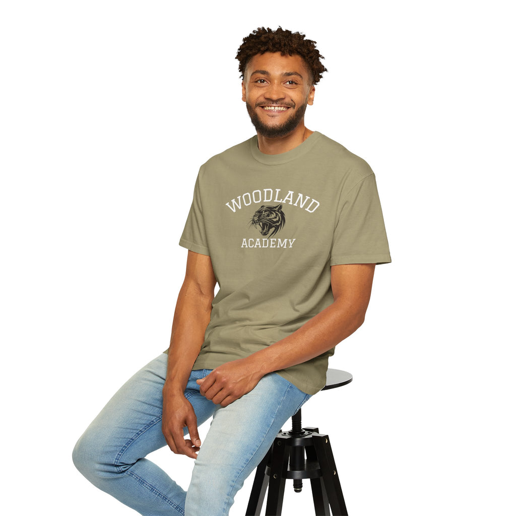 11 - Woodland Academy Khaki Wildcat Graphic Multi Color T-Shirt — Minimal Logo Tee for Leaders & Coaches