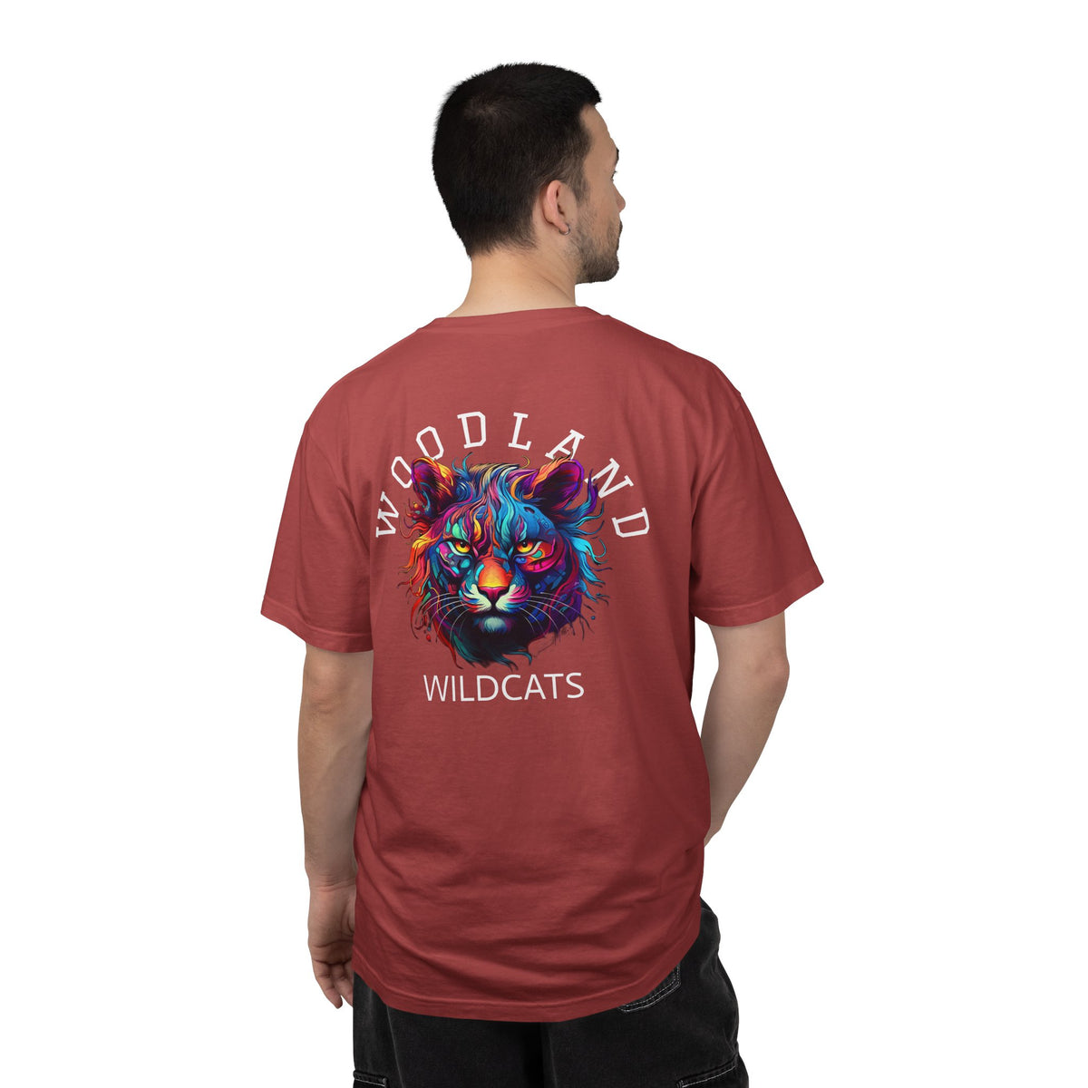 11 - Woodland Academy Painted Wildcat Multi Color T-Shirt — Minimal Logo Tee for Leaders & Coaches