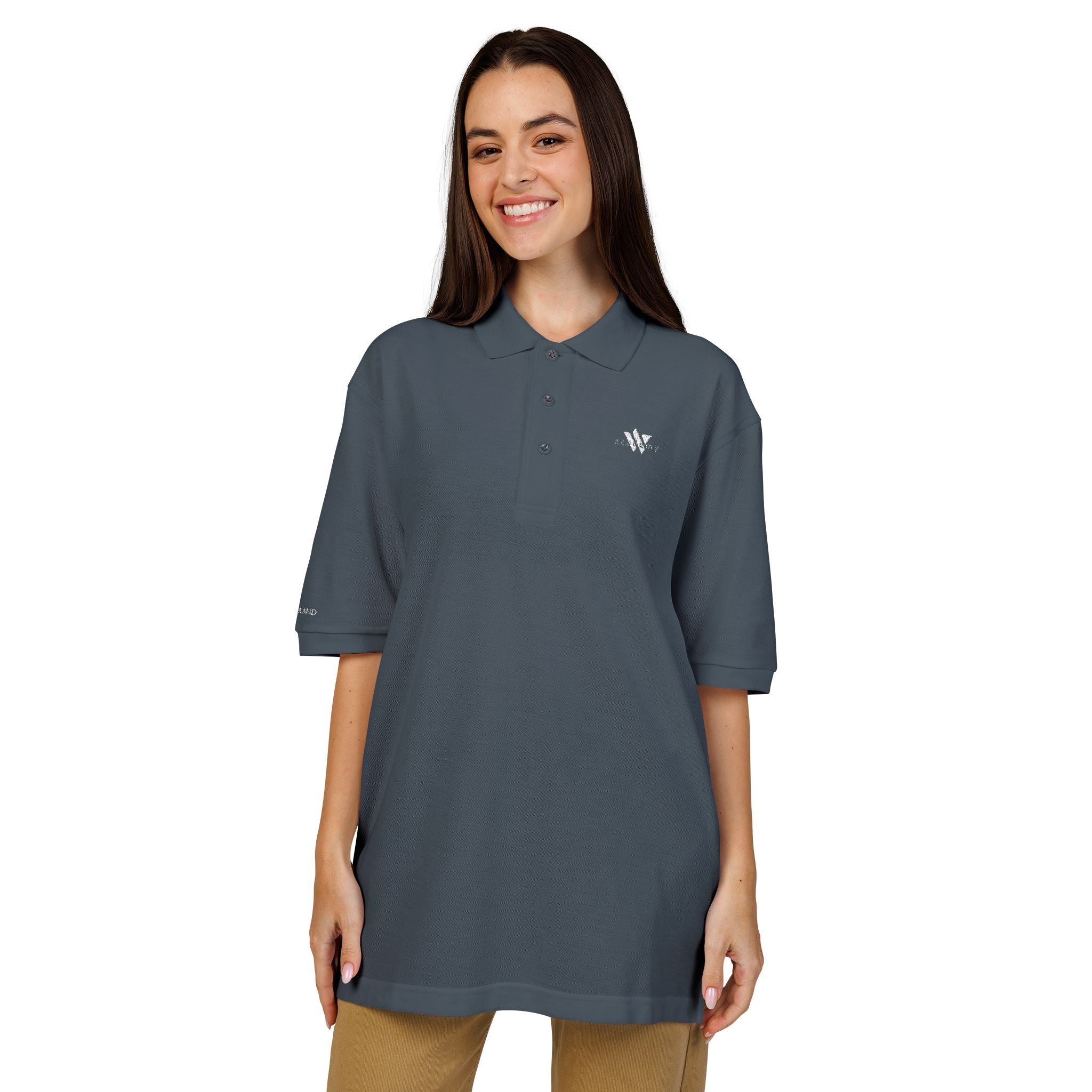 114 - Woodland Academy Embroidered Multi Color Classic Polo Shirt — Small Chest Crest Logo