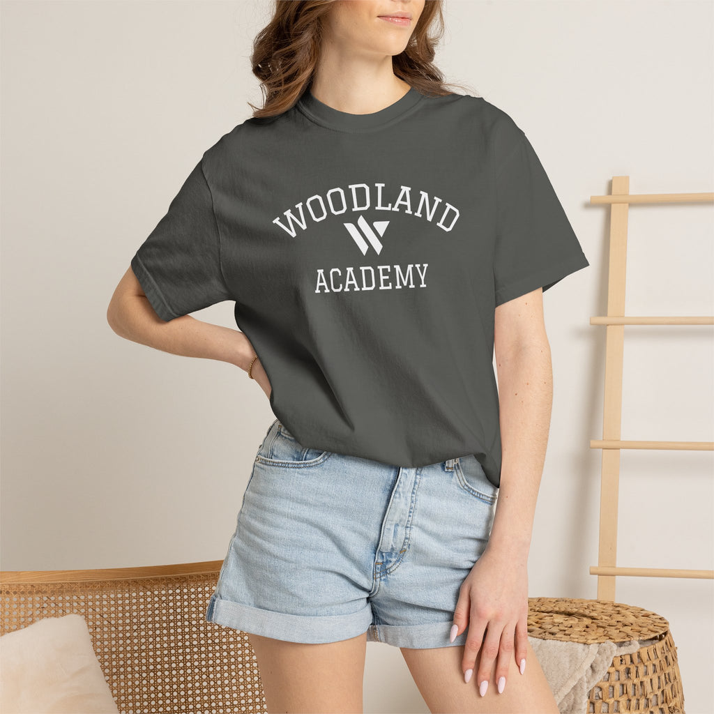 11 - Woodland Academy Graphic Multi Color T-Shirt — Minimal Logo Tee for Leaders & Coaches