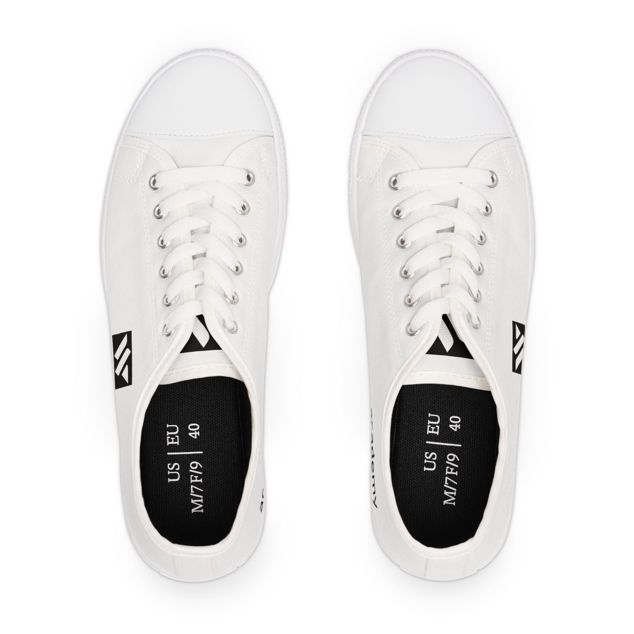 4 - Women's Low Top Sneakers — Minimal White Canvas Shoes with 'academy' Script Accent