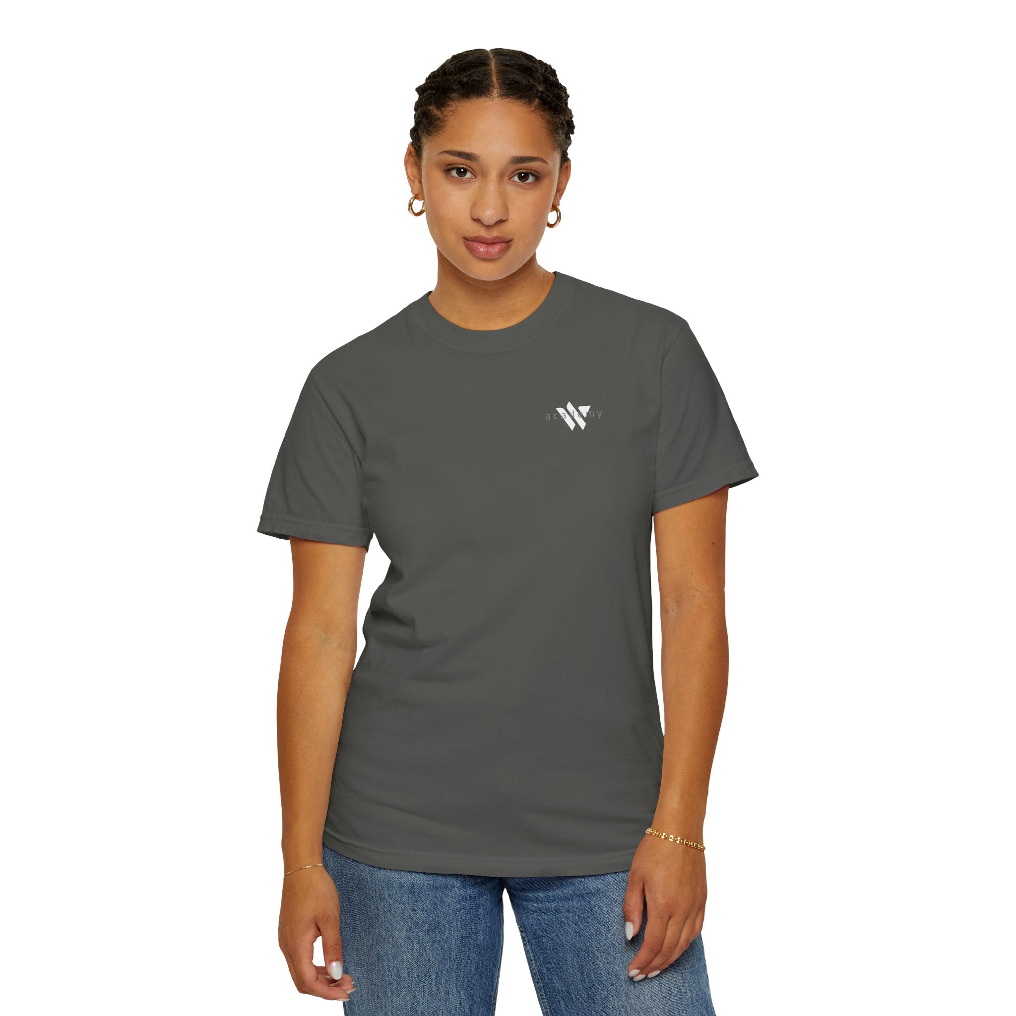 11 - Woodland Academy Dark Grey T-Shirt — Minimal Logo Tee for Leaders & Coaches
