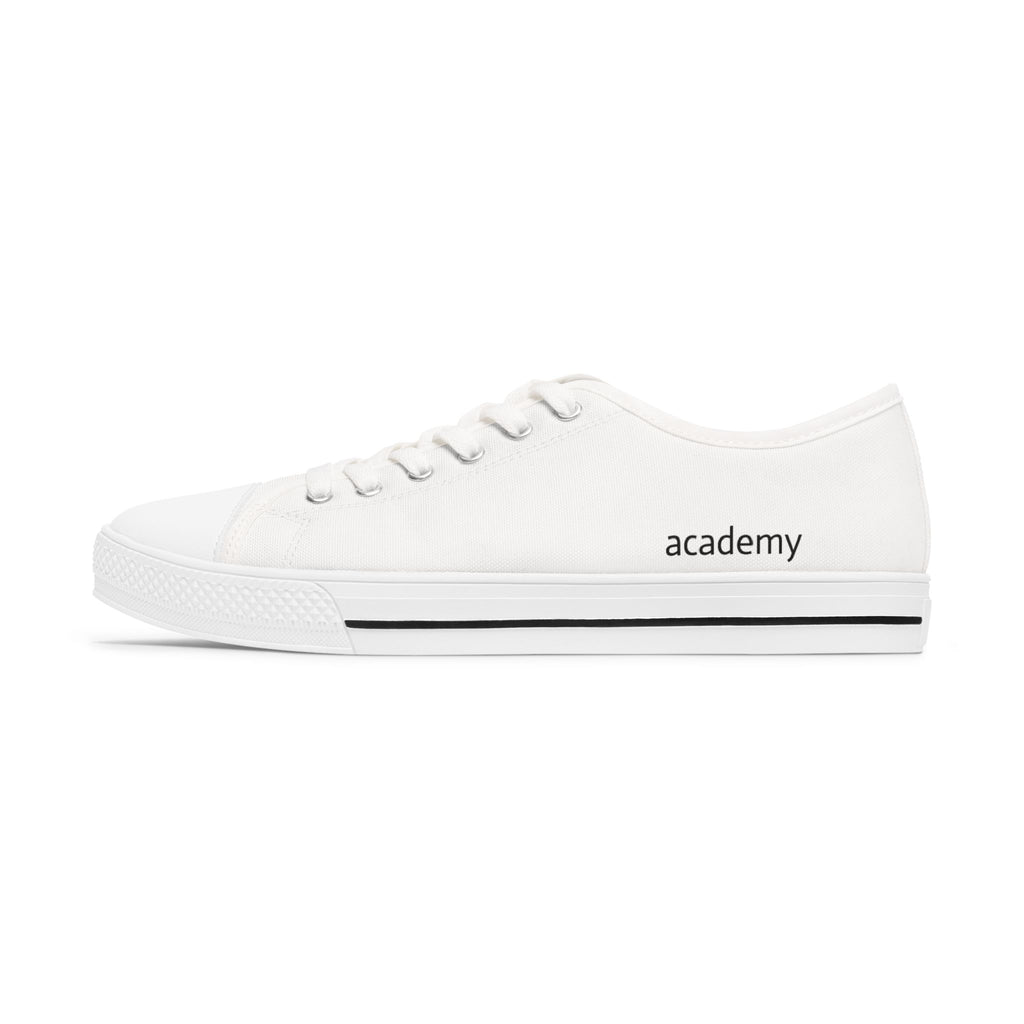 4 - Women's Low Top Sneakers — Minimal White Canvas Shoes with 'academy' Script Accent