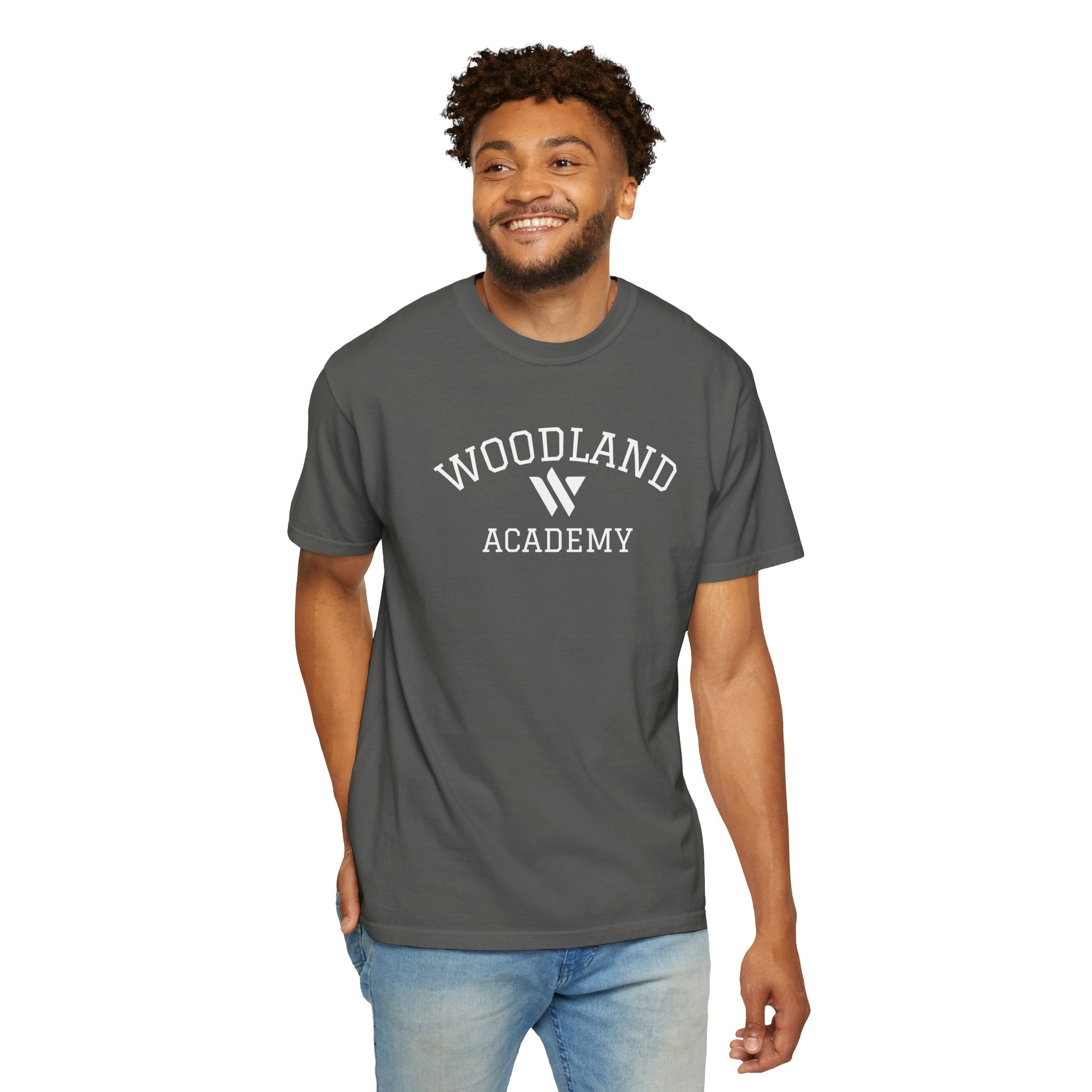 11 - Woodland Academy Graphic Multi Color T-Shirt — Minimal Logo Tee for Leaders & Coaches