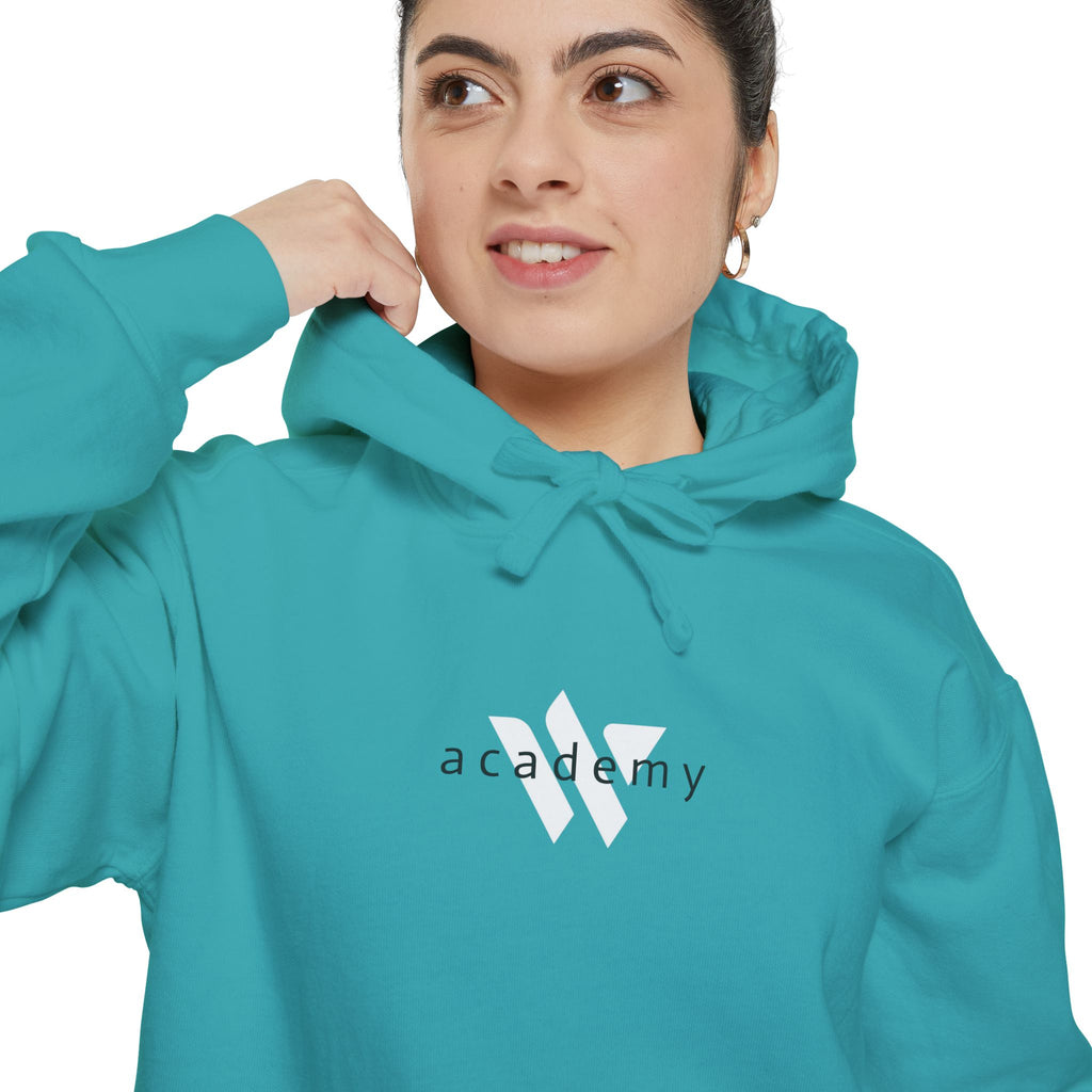17 - Woodland Academy Embroidered Comfort Colors Logo Hoodie — Garment-Dyed Cozy Pullover