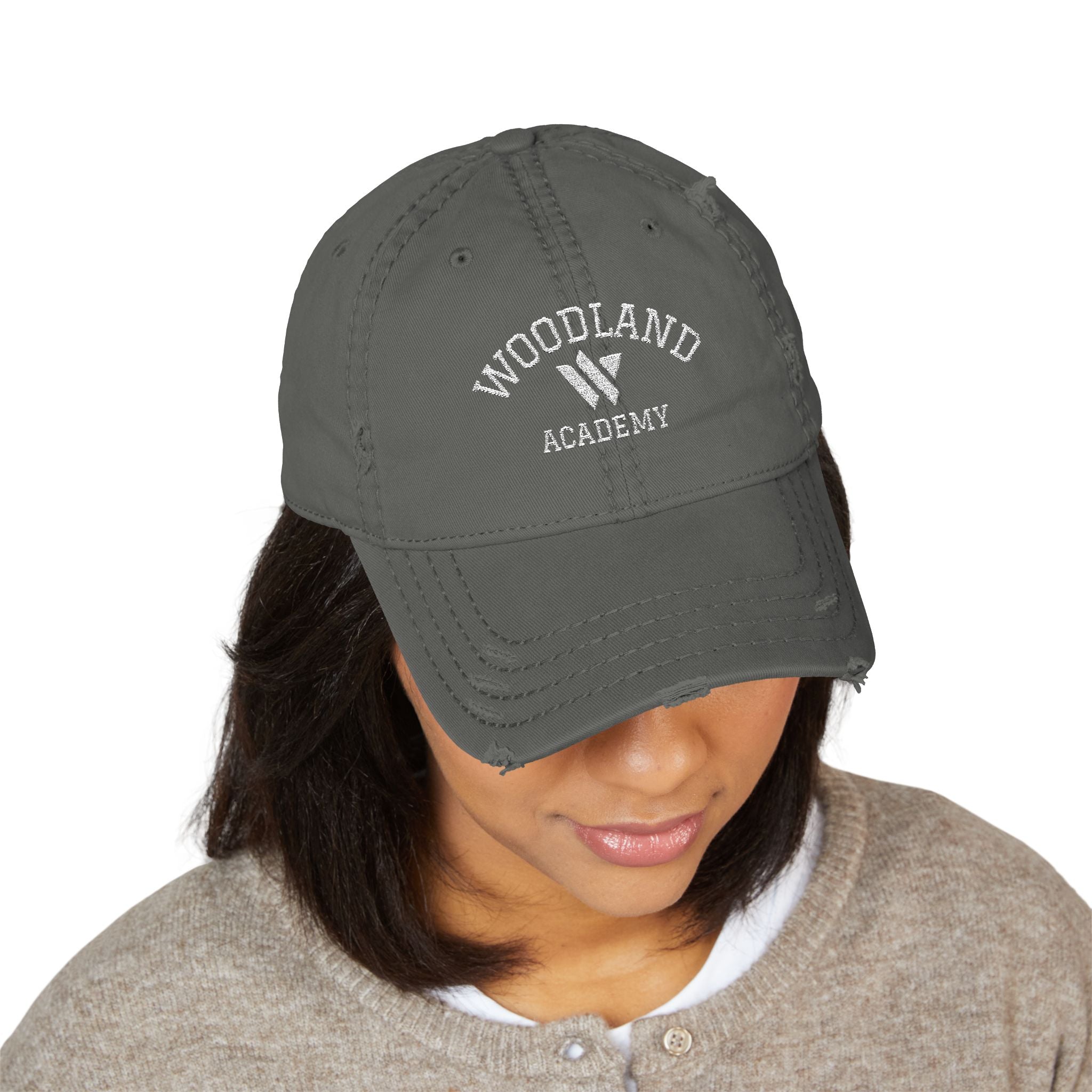 3 - Woodland Academy Embroidered Distressed Multi Color Dad Hat – Minimal White Logo Baseball Cap