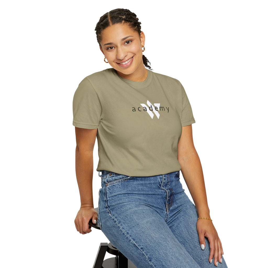 11 - Woodland Academy Khaki Multi Color T-Shirt — Minimal Logo Tee for Leaders & Coaches