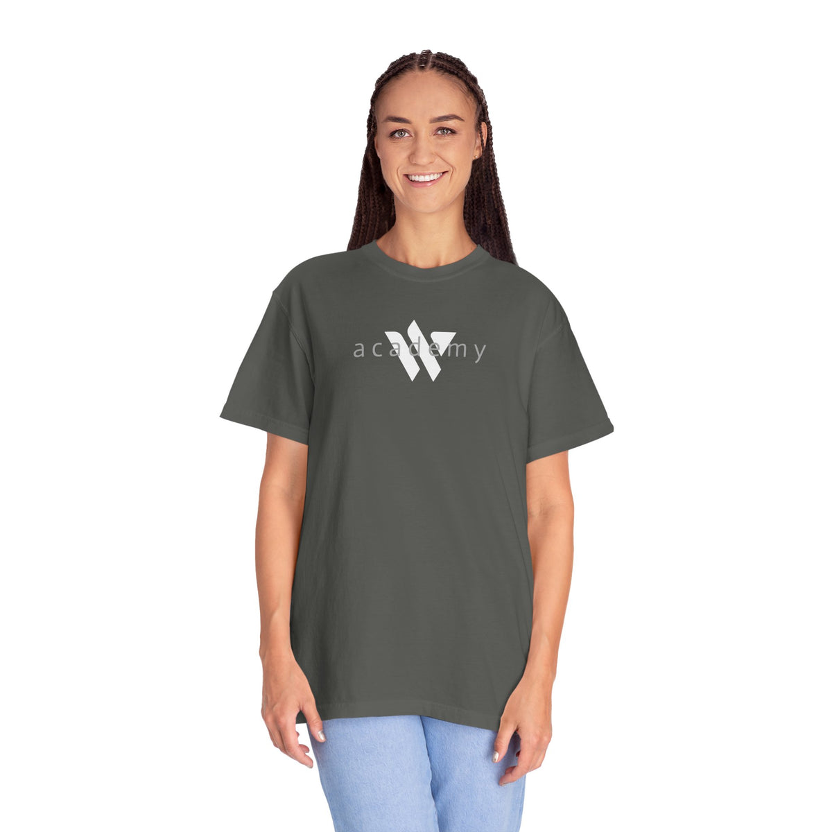 11 - Woodland Academy Dark Grey T-Shirt — Minimal Logo Tee for Leaders & Coaches