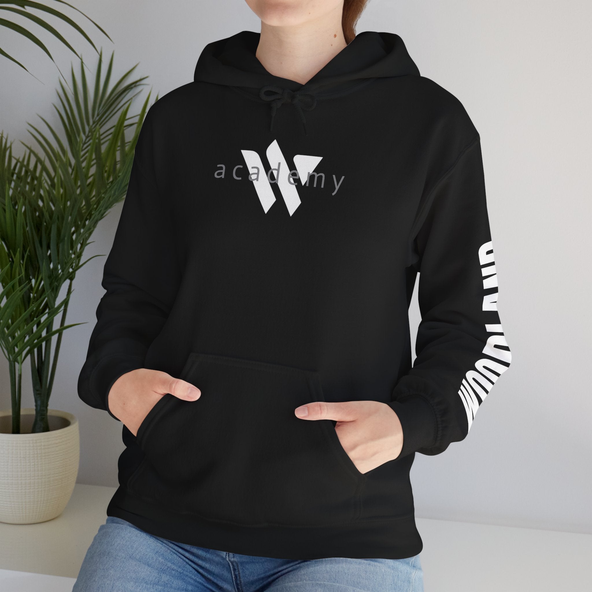16 - Academy Printed Logo Multi Colors Hoodie — Woodland Sleeve Graphic Hooded Sweatshirt