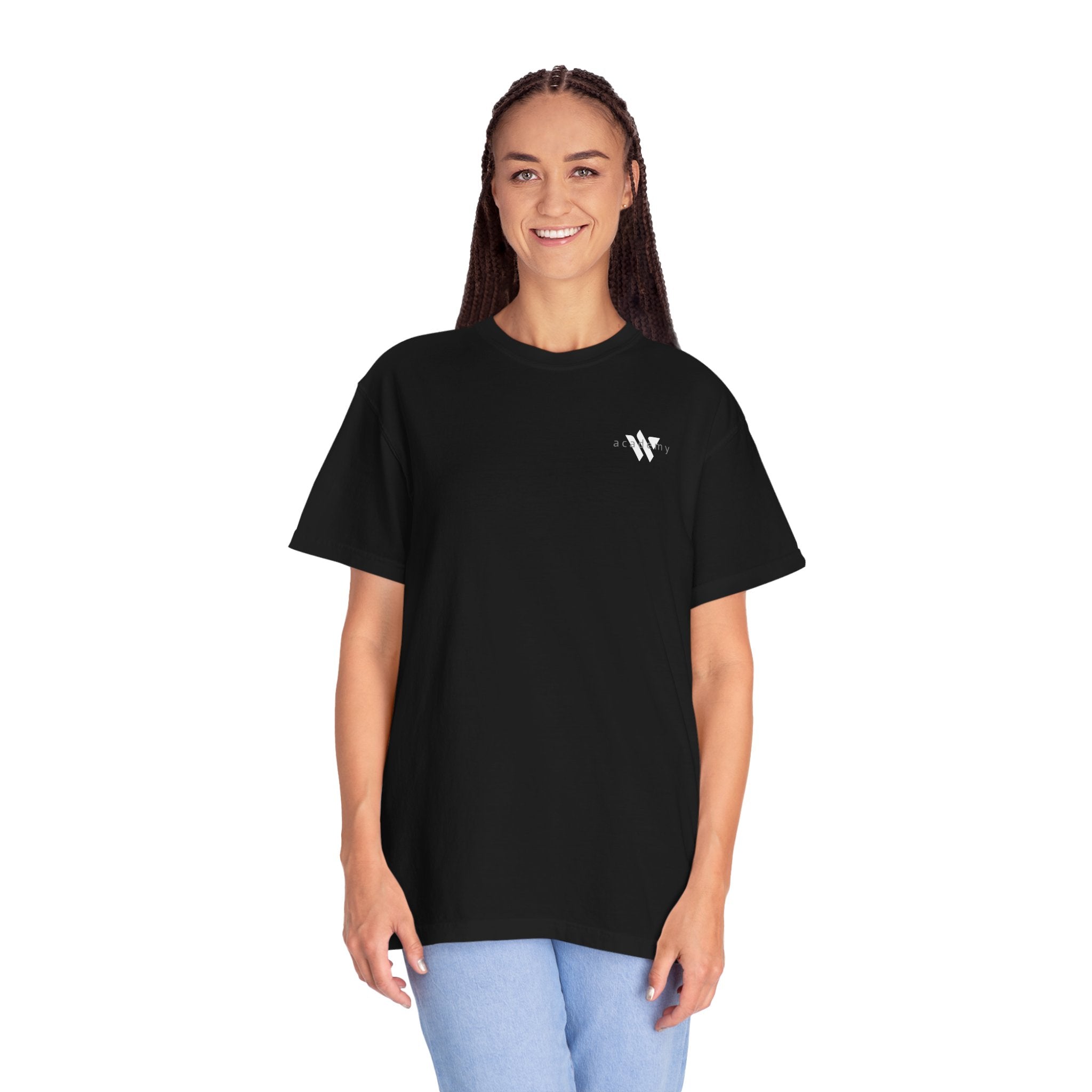 11 - Woodland Academy Black T-Shirt — Minimal Logo Tee for Leaders & Coaches