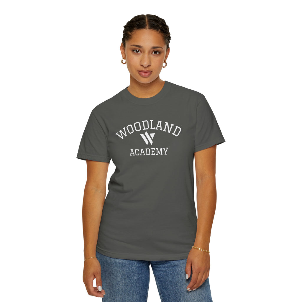 11 - Woodland Academy Graphic Multi Color T-Shirt — Minimal Logo Tee for Leaders & Coaches