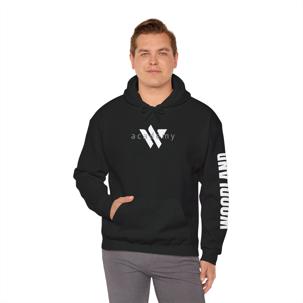 16 - Academy Printed Logo Multi Colors Hoodie — Woodland Sleeve Graphic Hooded Sweatshirt