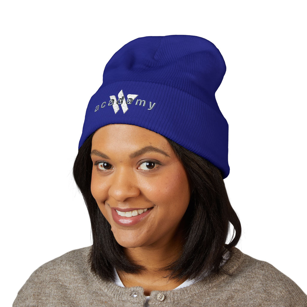 31 - Woodland Multi Colors Embroidered Classic Cuffed Beanie — Yellow Minimal Logo Winter Hat
