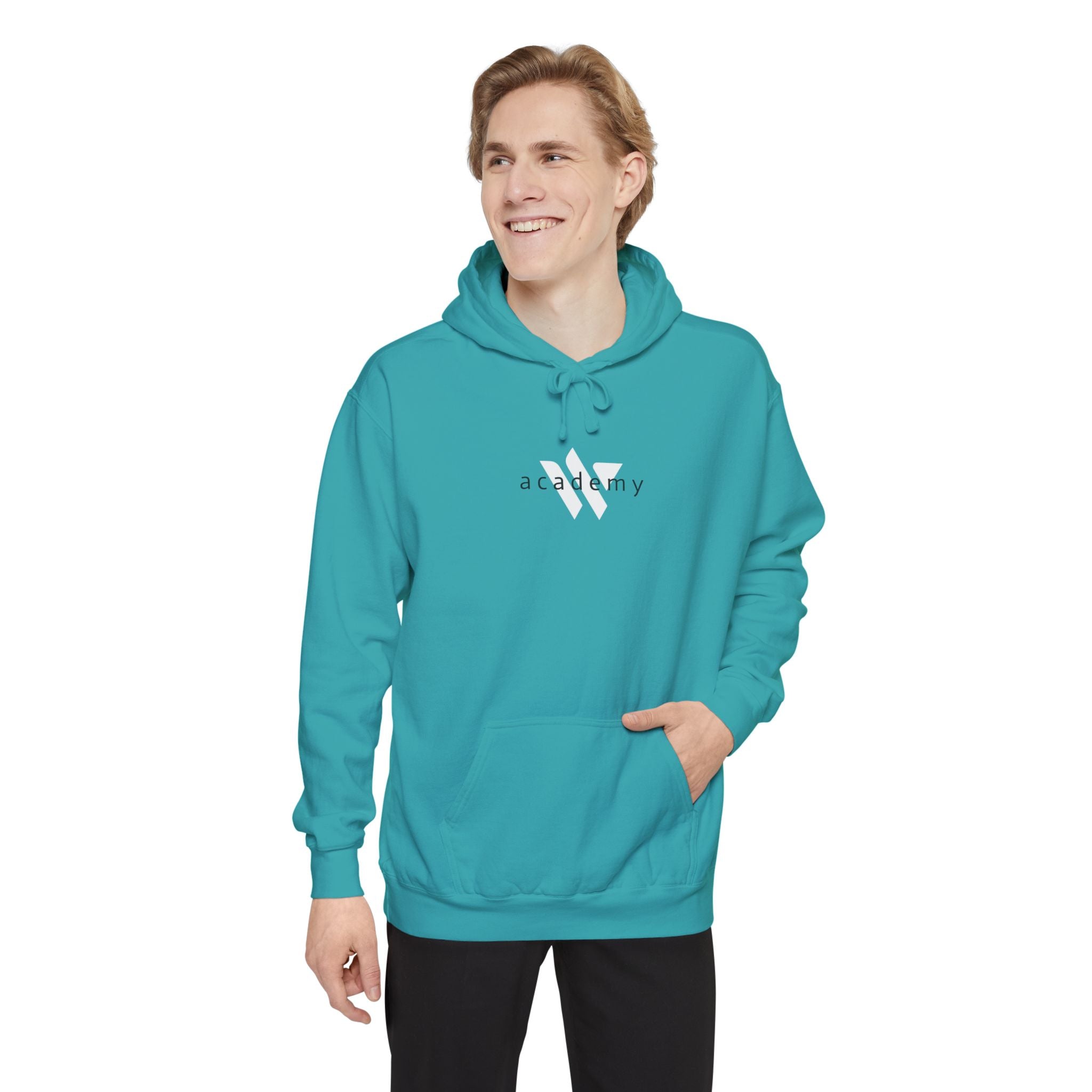 17 - Woodland Academy Embroidered Comfort Colors Logo Hoodie — Garment-Dyed Cozy Pullover