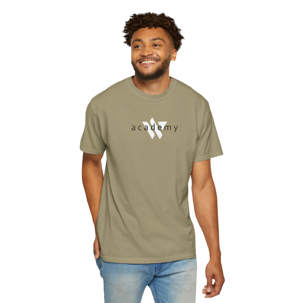 11 - Woodland Academy Khaki Multi Color T-Shirt — Minimal Logo Tee for Leaders & Coaches