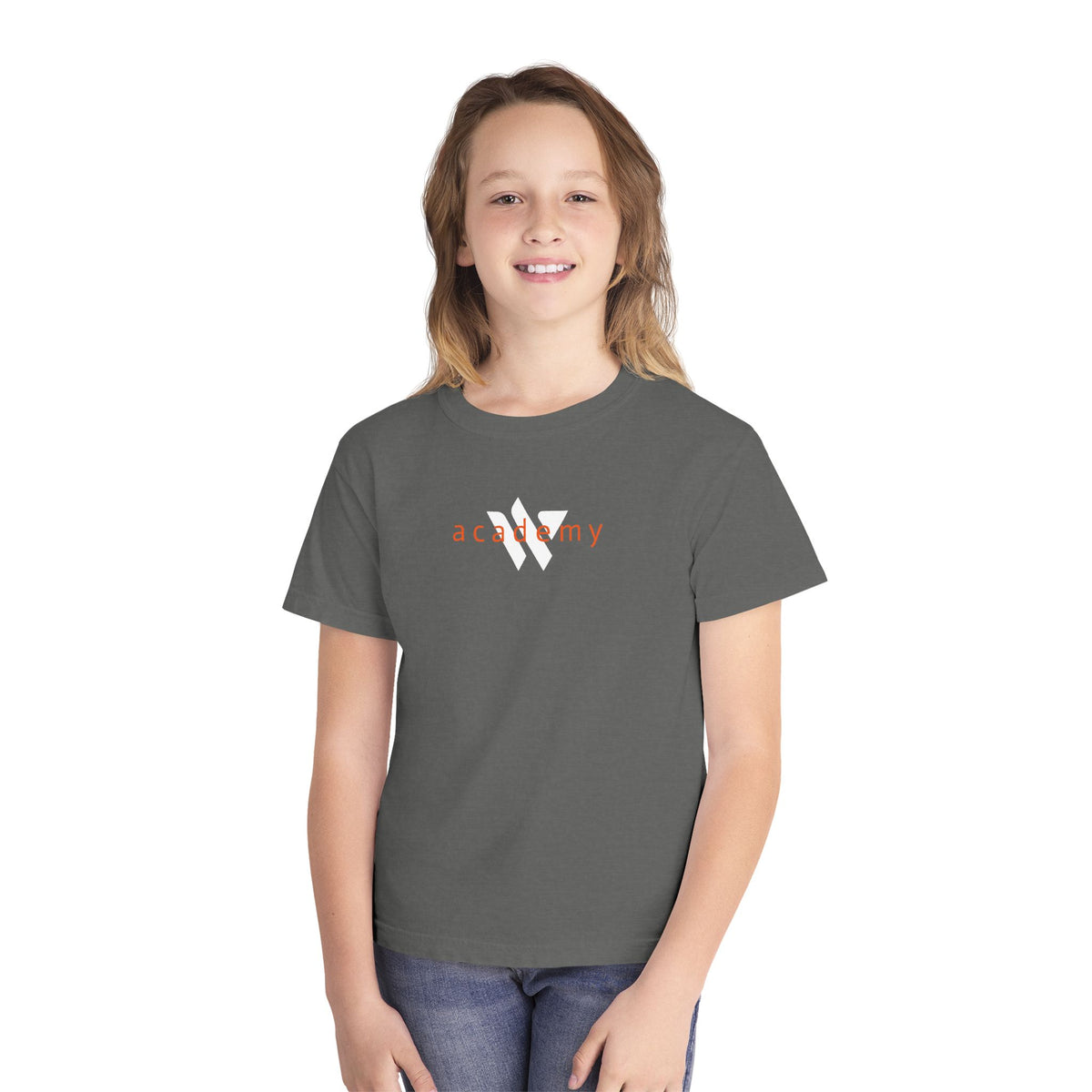 11 - Youth Dark Grey Academy Tee — Minimal Logo Kids T‑Shirt