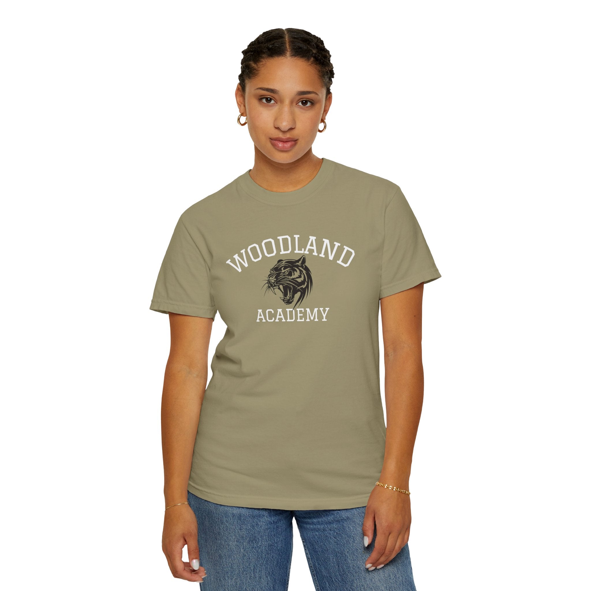 11 - Woodland Academy Khaki Wildcat Graphic Multi Color T-Shirt — Minimal Logo Tee for Leaders & Coaches