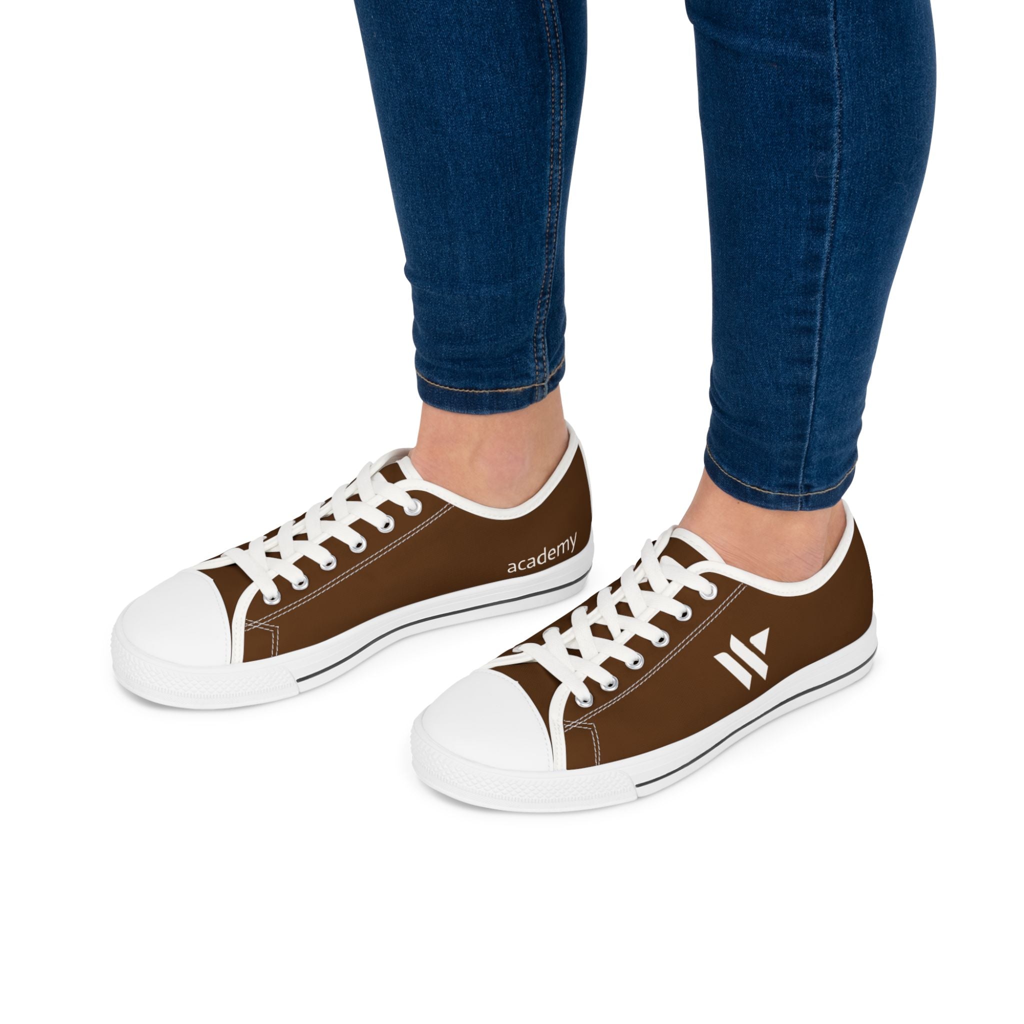 4 - Women's Low Top Sneakers — Minimal White Canvas Shoes with 'academy' Script Accent