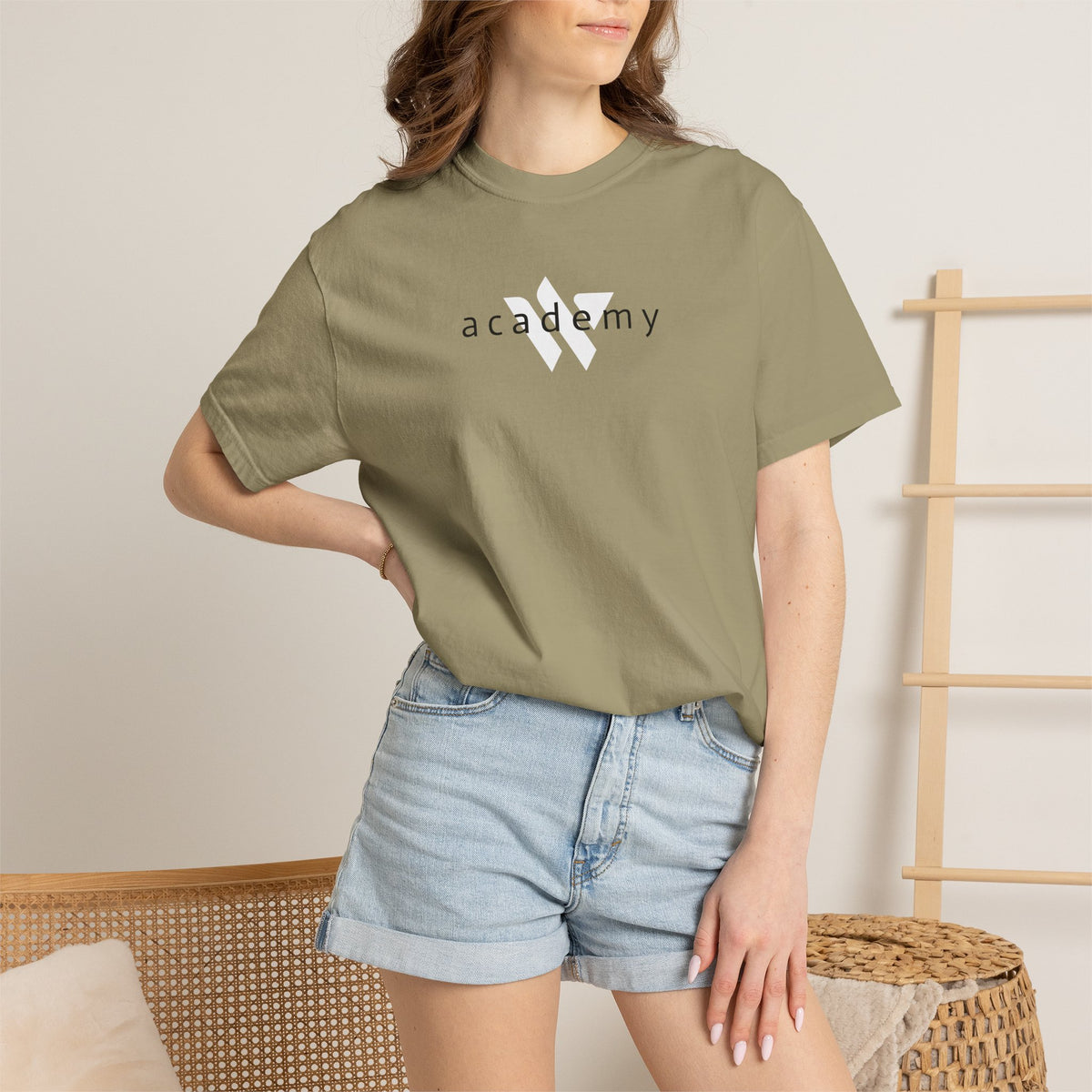 11 - Woodland Academy Khaki Multi Color T-Shirt — Minimal Logo Tee for Leaders & Coaches