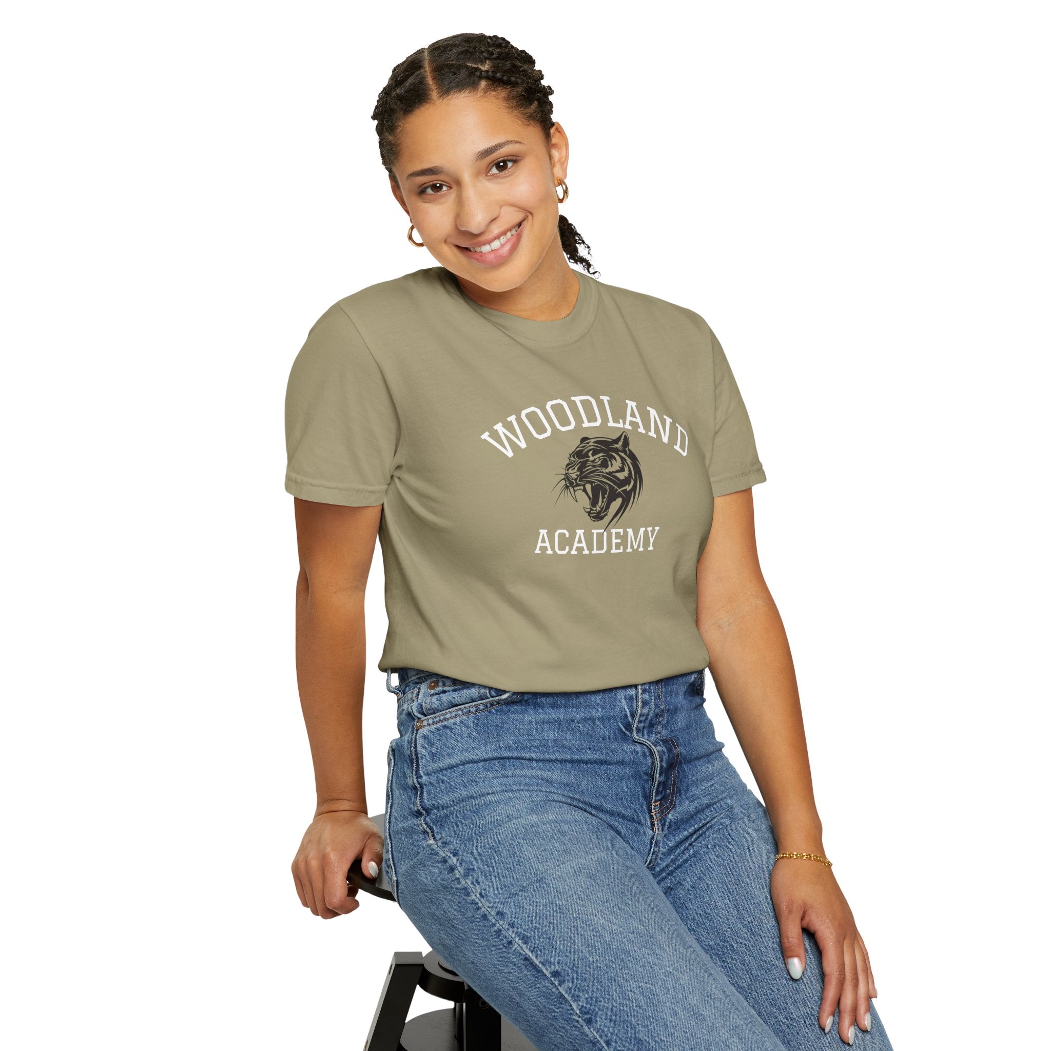 11 - Woodland Academy Khaki Wildcat Graphic Multi Color T-Shirt — Minimal Logo Tee for Leaders & Coaches