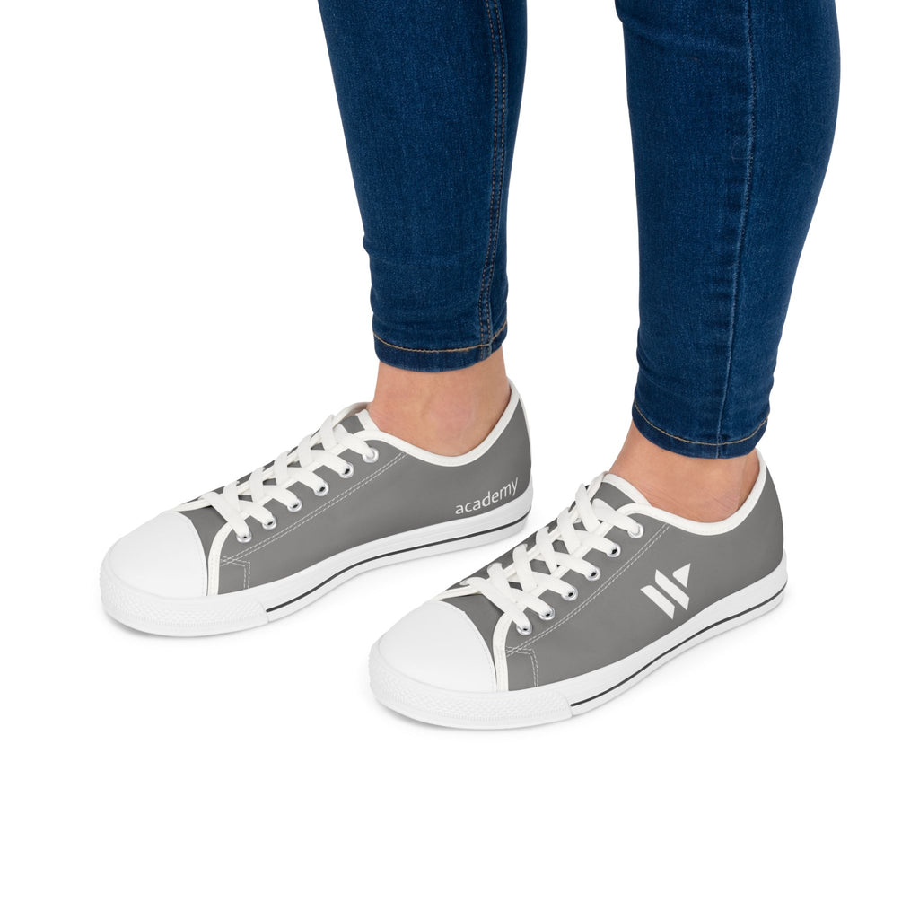 4 - Women's Low Top Sneakers — Minimal White Canvas Shoes with 'academy' Script Accent