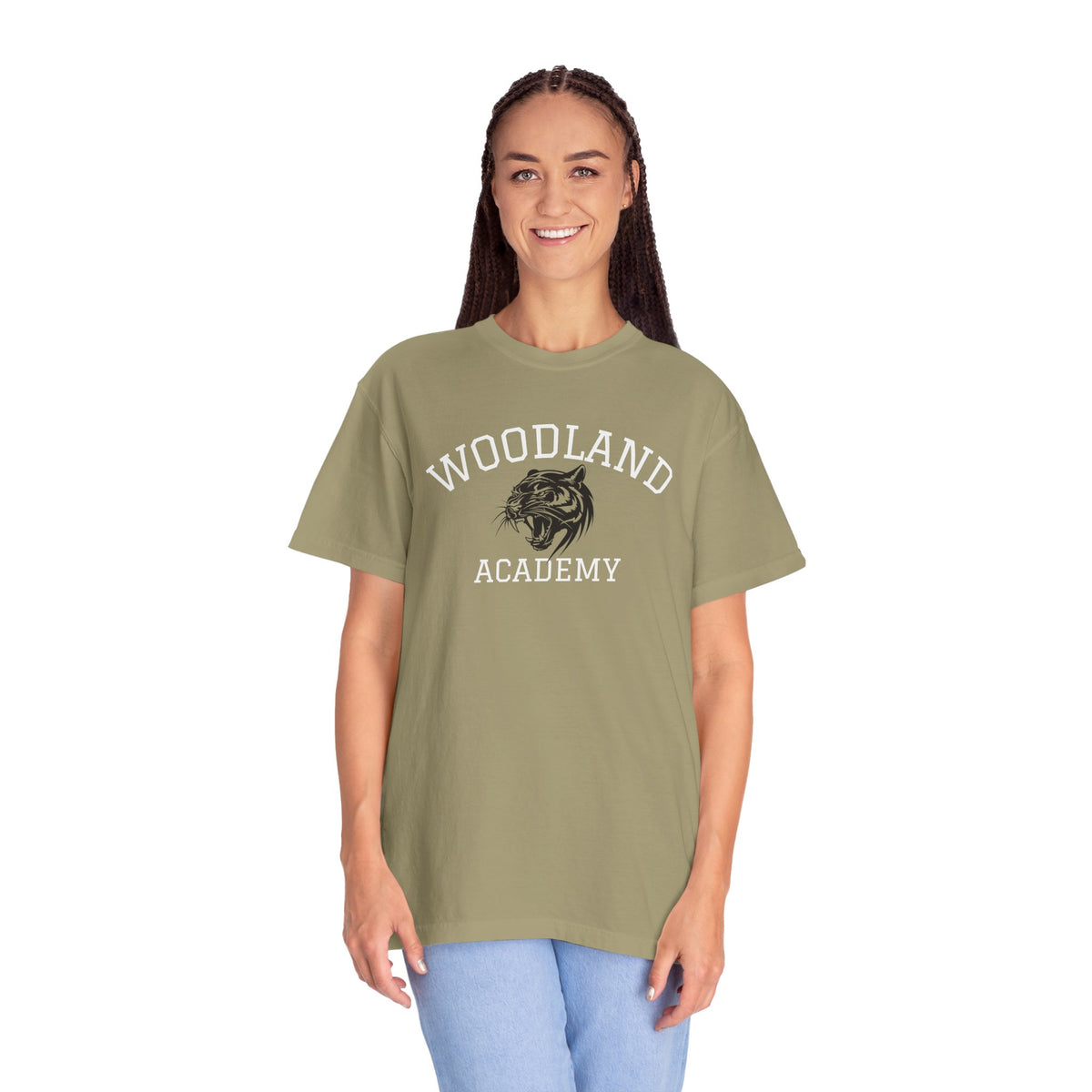 11 - Woodland Academy Khaki Wildcat Graphic Multi Color T-Shirt — Minimal Logo Tee for Leaders & Coaches