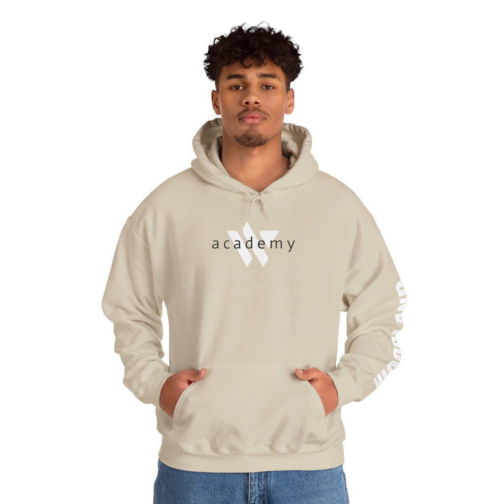 16 - Academy Printed Logo Multi Colors Hoodie — Woodland Sleeve Graphic Hooded Sweatshirt
