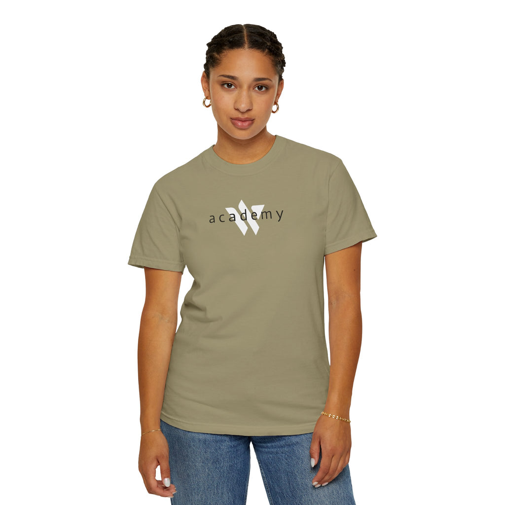 11 - Woodland Academy Khaki Multi Color T-Shirt — Minimal Logo Tee for Leaders & Coaches