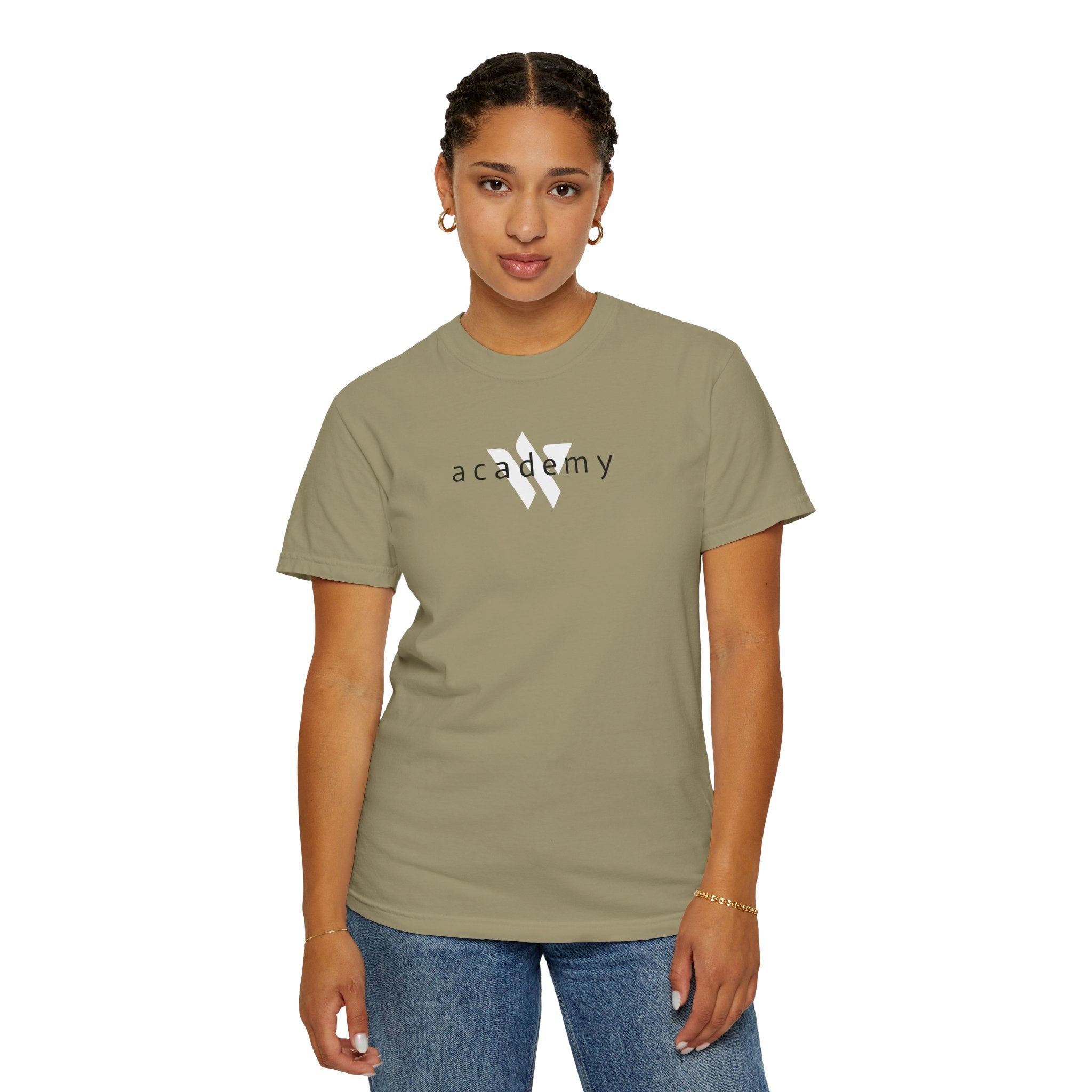 11 - Woodland Academy Khaki Multi Color T-Shirt — Minimal Logo Tee for Leaders & Coaches