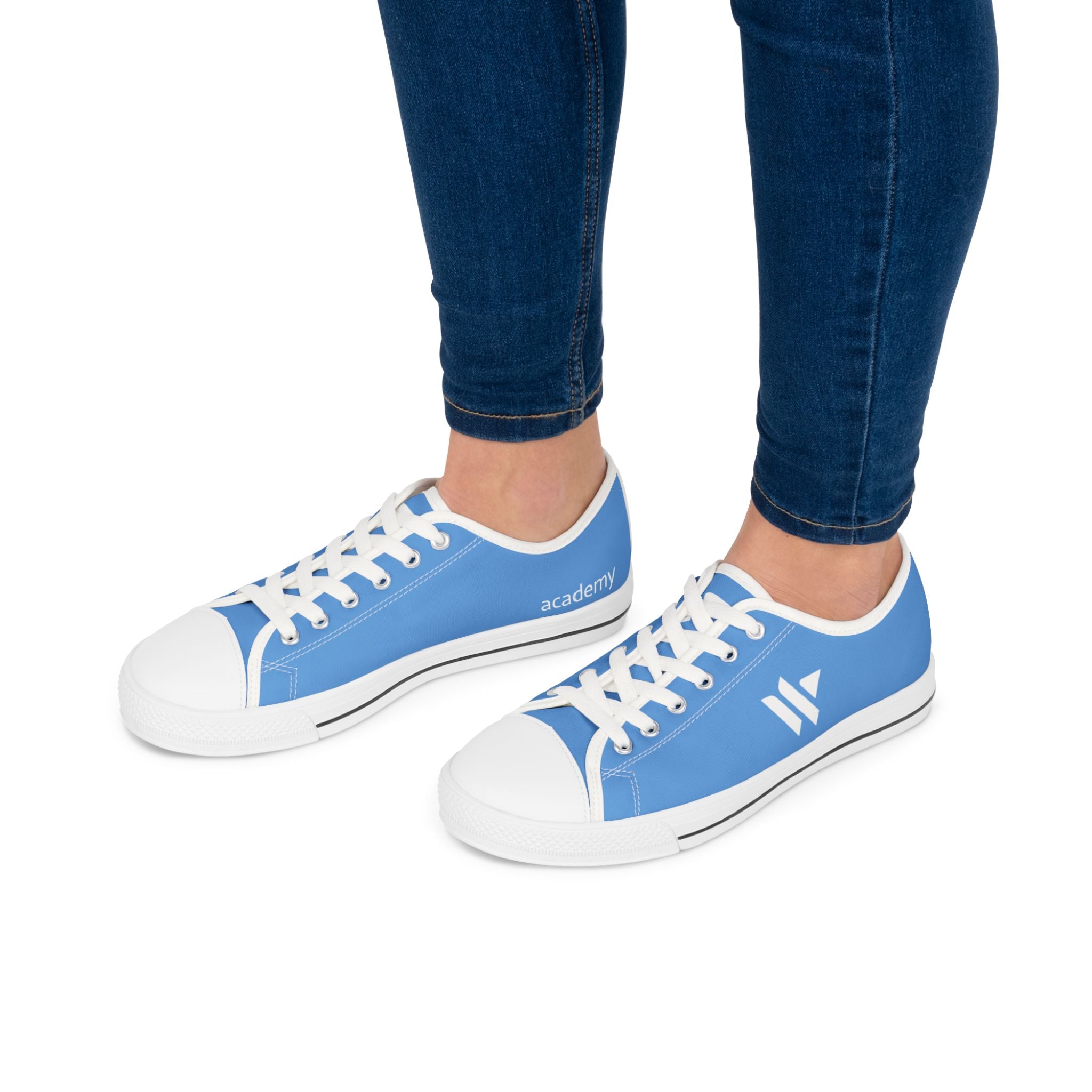 4 - Women's Low Top Sneakers — Minimal White Canvas Shoes with 'academy' Script Accent