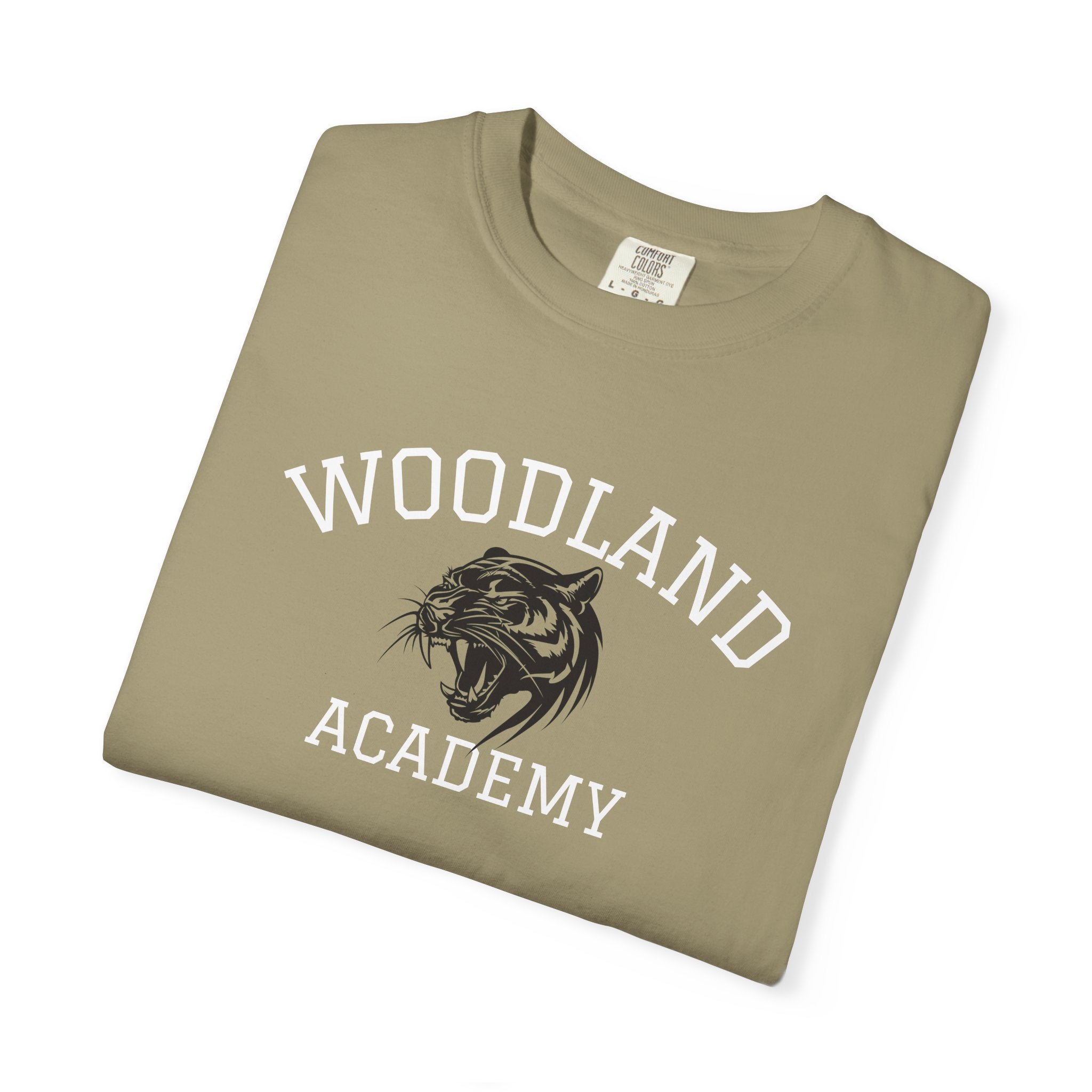 11 - Woodland Academy Khaki Wildcat Graphic Multi Color T-Shirt — Minimal Logo Tee for Leaders & Coaches