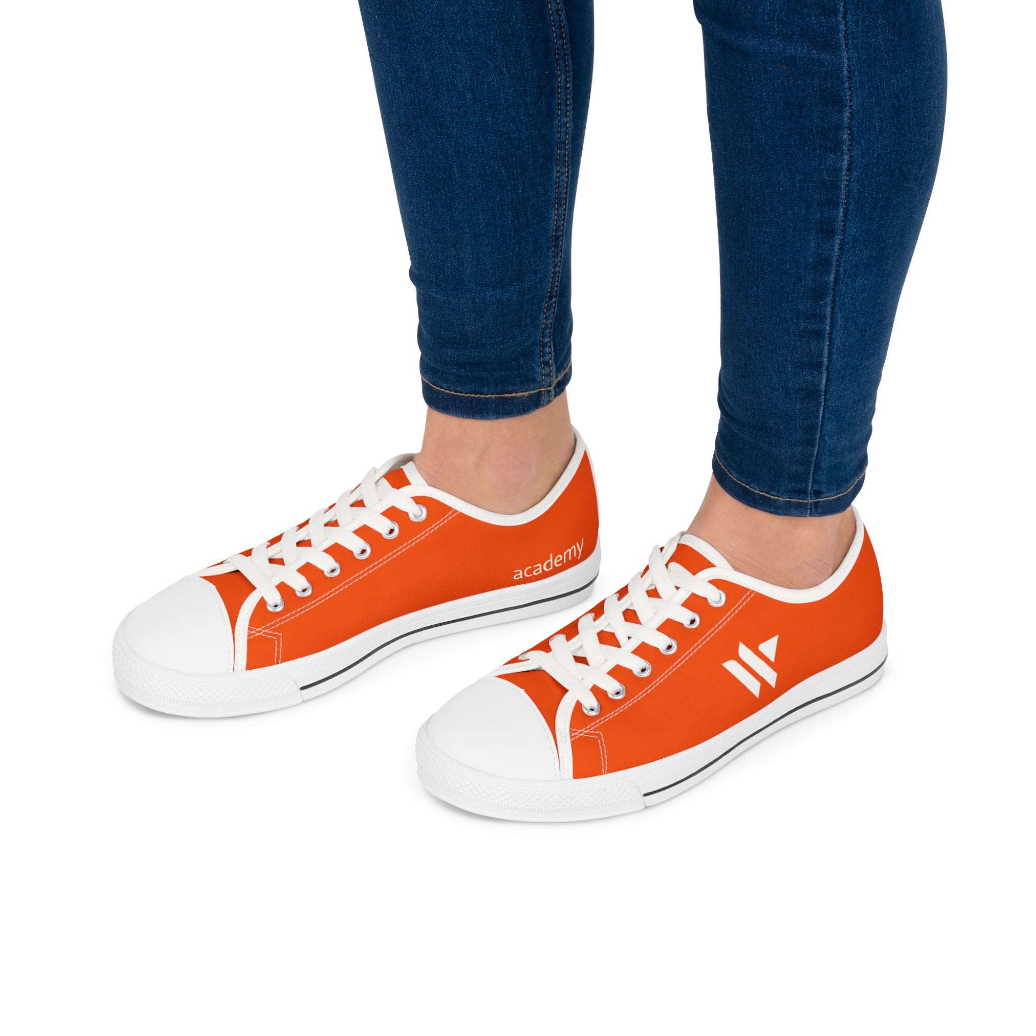 4 - Women's Low Top Sneakers — Minimal White Canvas Shoes with 'academy' Script Accent
