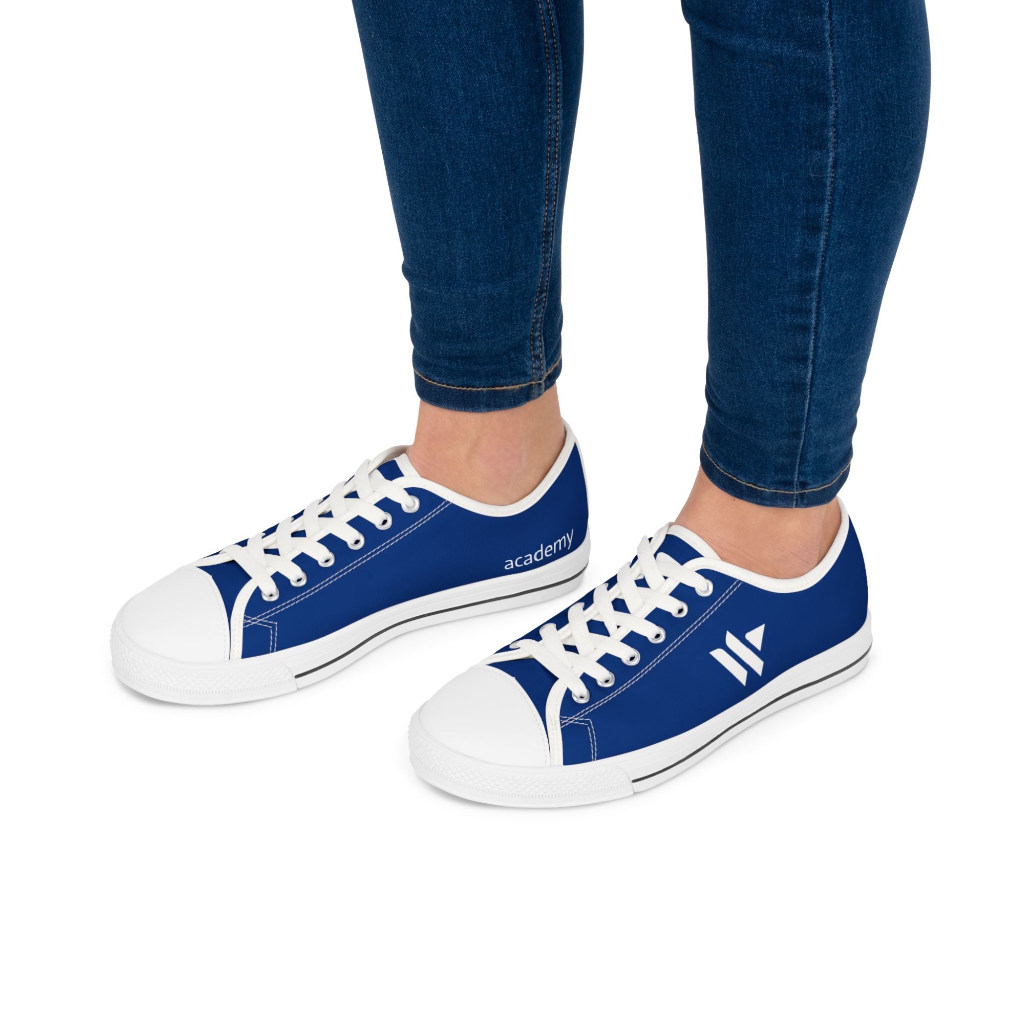 4 - Women's Low Top Sneakers — Minimal White Canvas Shoes with 'academy' Script Accent