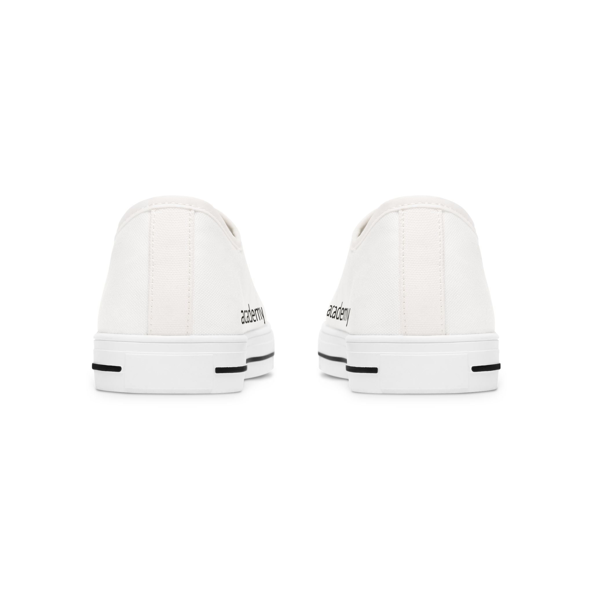 4 - Women's Low Top Sneakers — Minimal White Canvas Shoes with 'academy' Script Accent