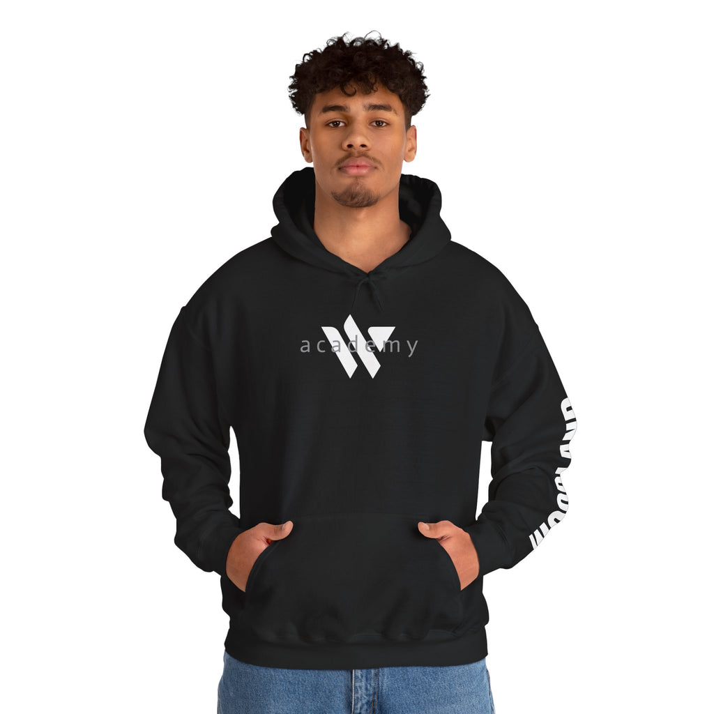 16 - Academy Printed Logo Multi Colors Hoodie — Woodland Sleeve Graphic Hooded Sweatshirt