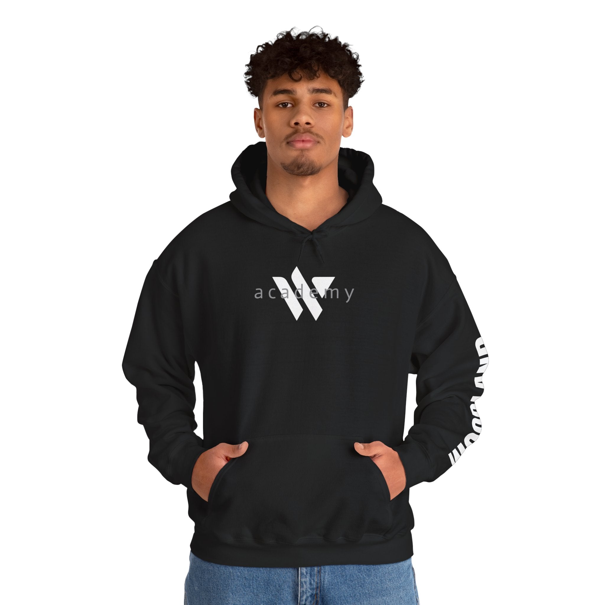 16 - Academy Printed Logo Multi Colors Hoodie — Woodland Sleeve Graphic Hooded Sweatshirt