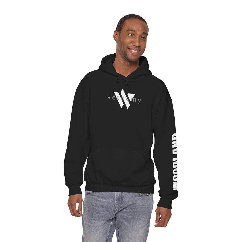 16 - Academy Printed Logo Multi Colors Hoodie — Woodland Sleeve Graphic Hooded Sweatshirt