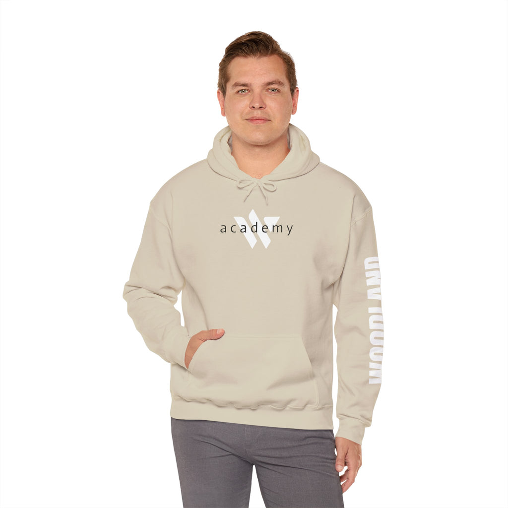 16 - Academy Printed Logo Multi Colors Hoodie — Woodland Sleeve Graphic Hooded Sweatshirt