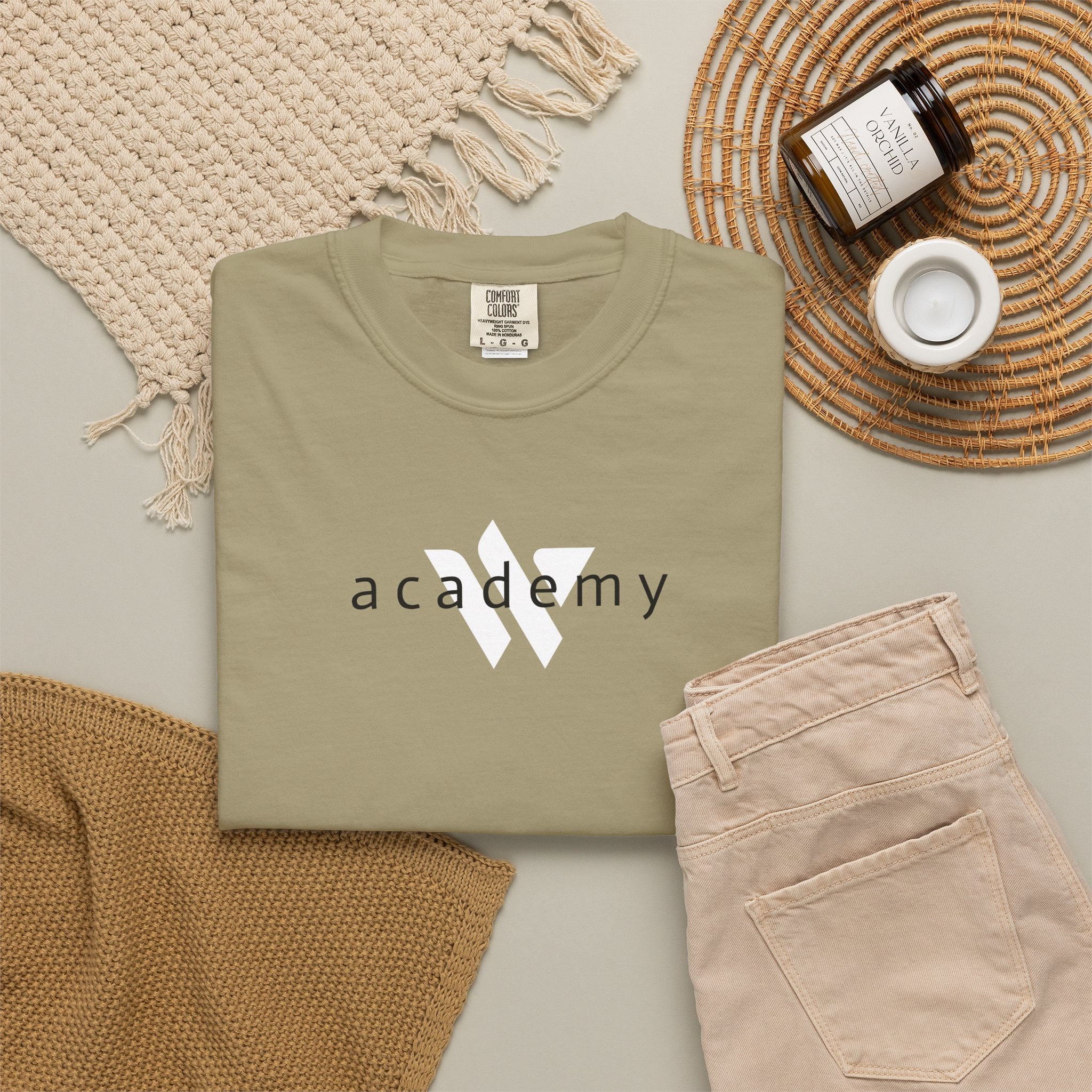 11 - Woodland Academy Khaki Multi Color T-Shirt — Minimal Logo Tee for Leaders & Coaches