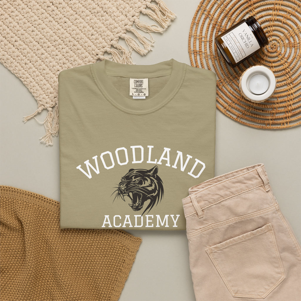 11 - Woodland Academy Khaki Wildcat Graphic Multi Color T-Shirt — Minimal Logo Tee for Leaders & Coaches