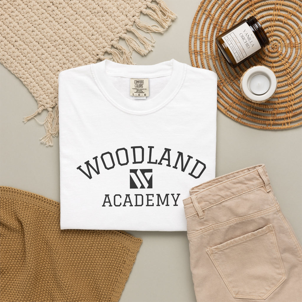 11 - Woodland Academy Graphic Multi Color T-Shirt — Minimal Logo Tee for Leaders & Coaches
