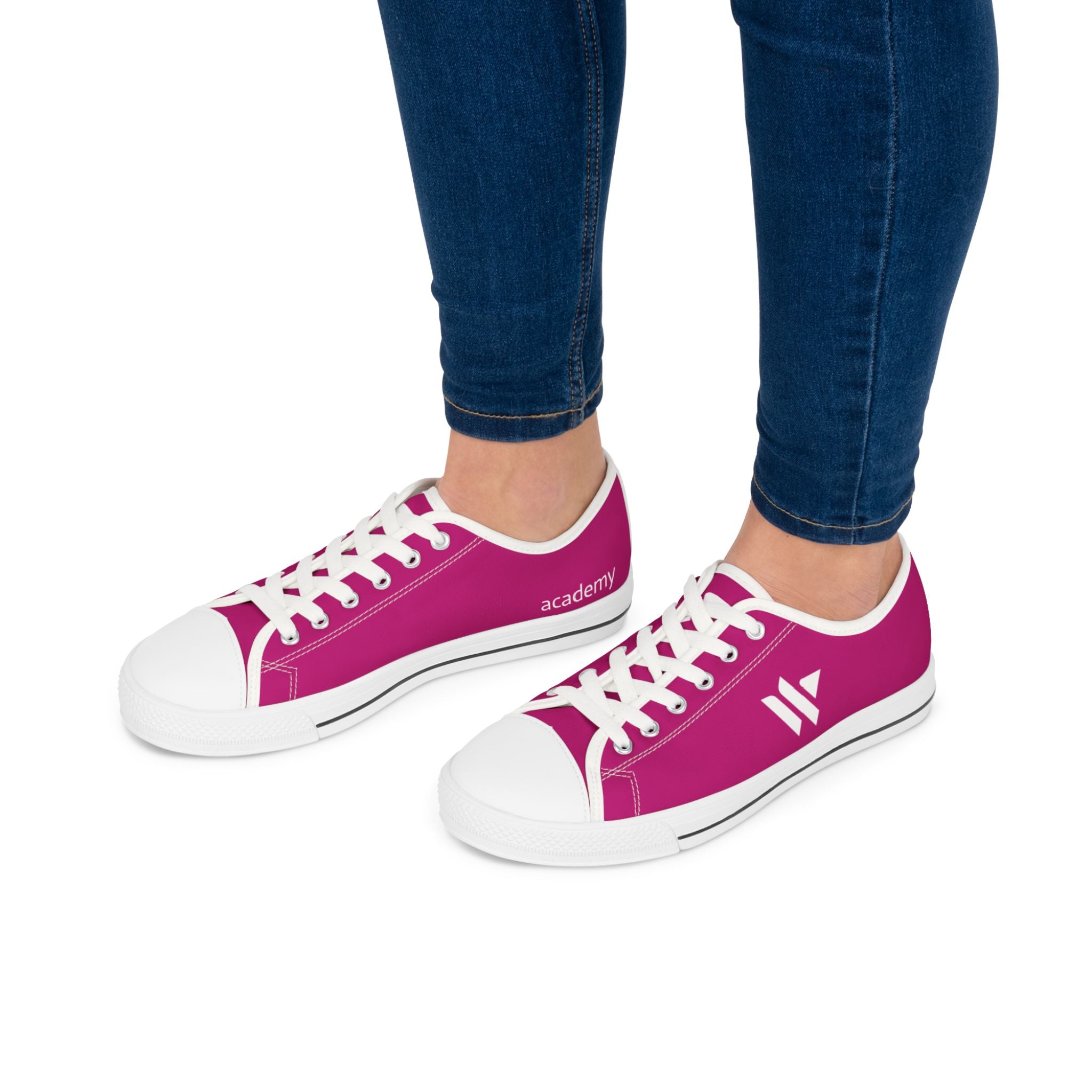 4 - Women's Low Top Sneakers — Minimal White Canvas Shoes with 'academy' Script Accent
