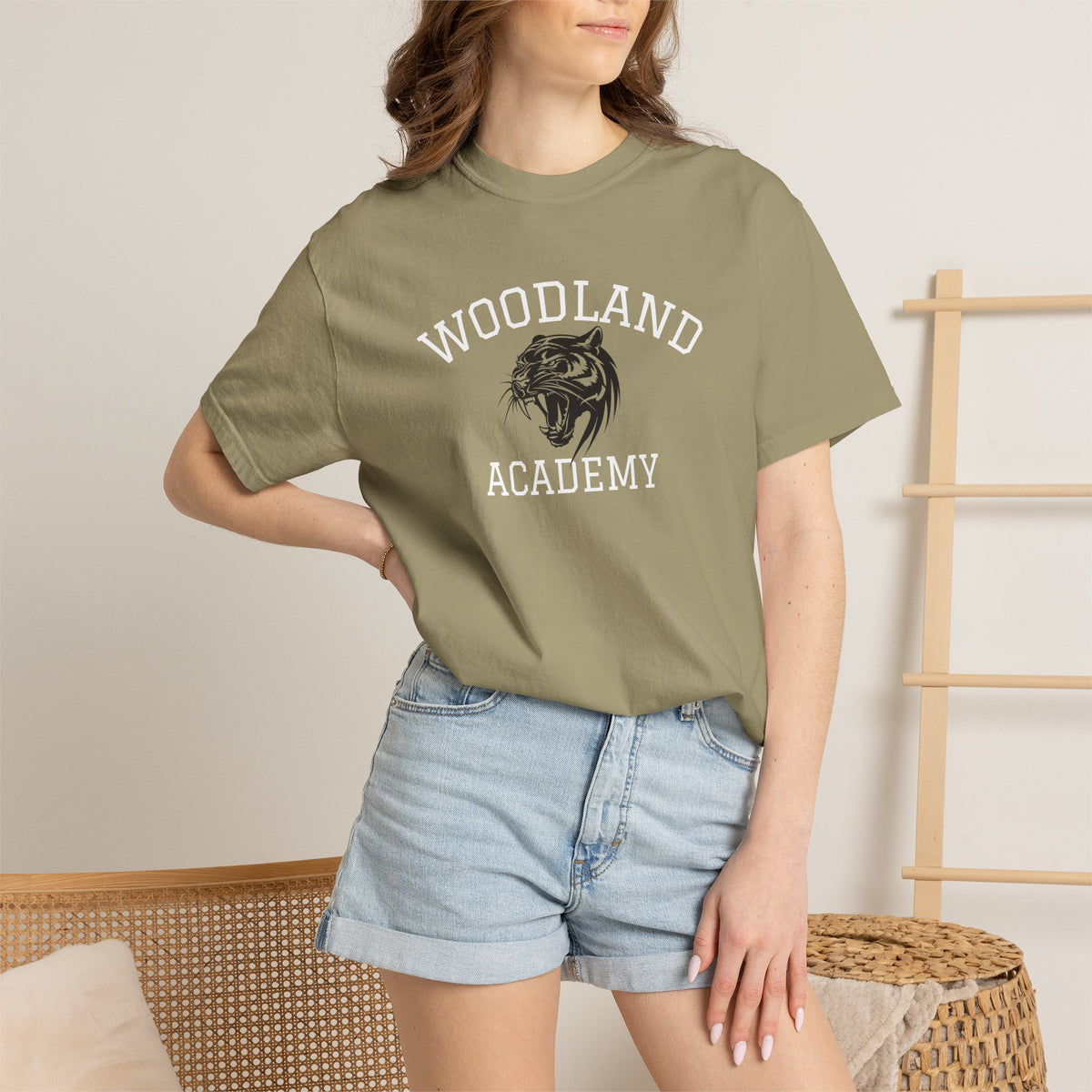 11 - Woodland Academy Khaki Wildcat Graphic Multi Color T-Shirt — Minimal Logo Tee for Leaders & Coaches