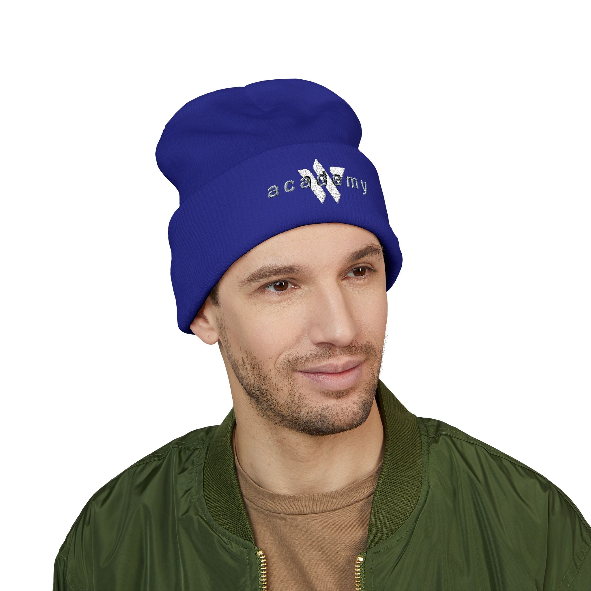 31 - Woodland Multi Colors Embroidered Classic Cuffed Beanie — Yellow Minimal Logo Winter Hat