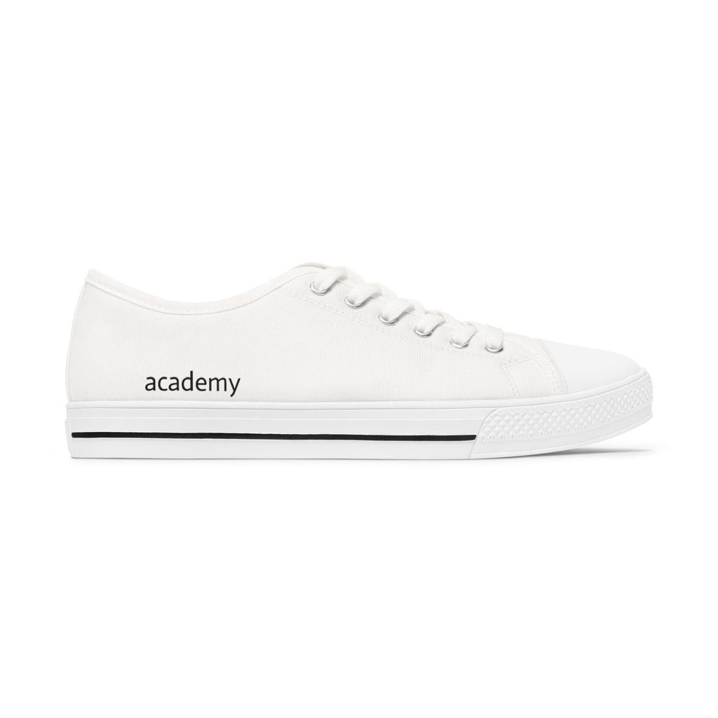 4 - Women's Low Top Sneakers — Minimal White Canvas Shoes with 'academy' Script Accent