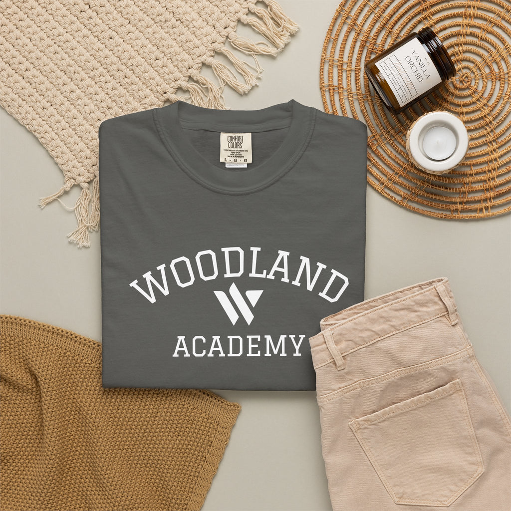 11 - Woodland Academy Graphic Multi Color T-Shirt — Minimal Logo Tee for Leaders & Coaches