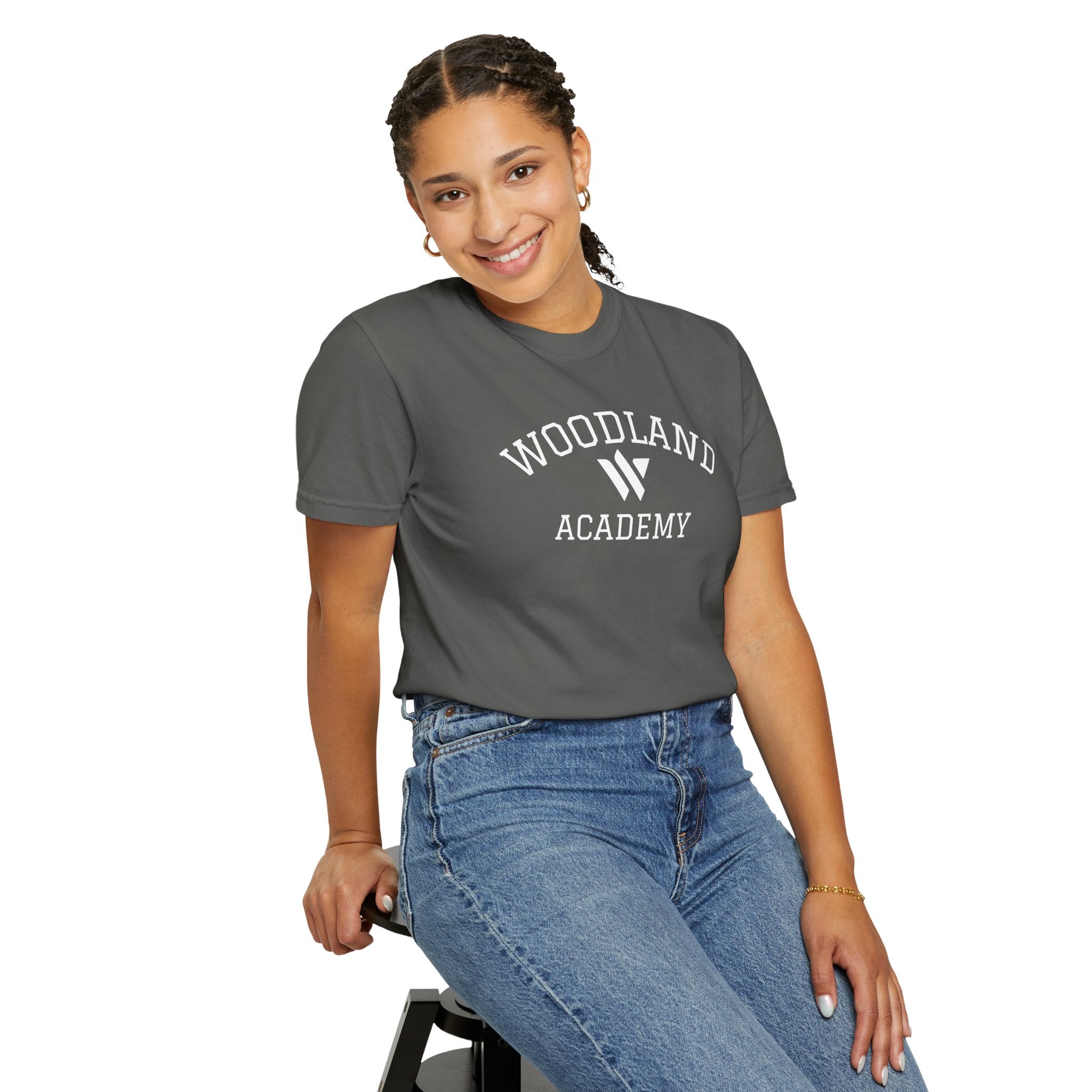 11 - Woodland Academy Graphic Multi Color T-Shirt — Minimal Logo Tee for Leaders & Coaches
