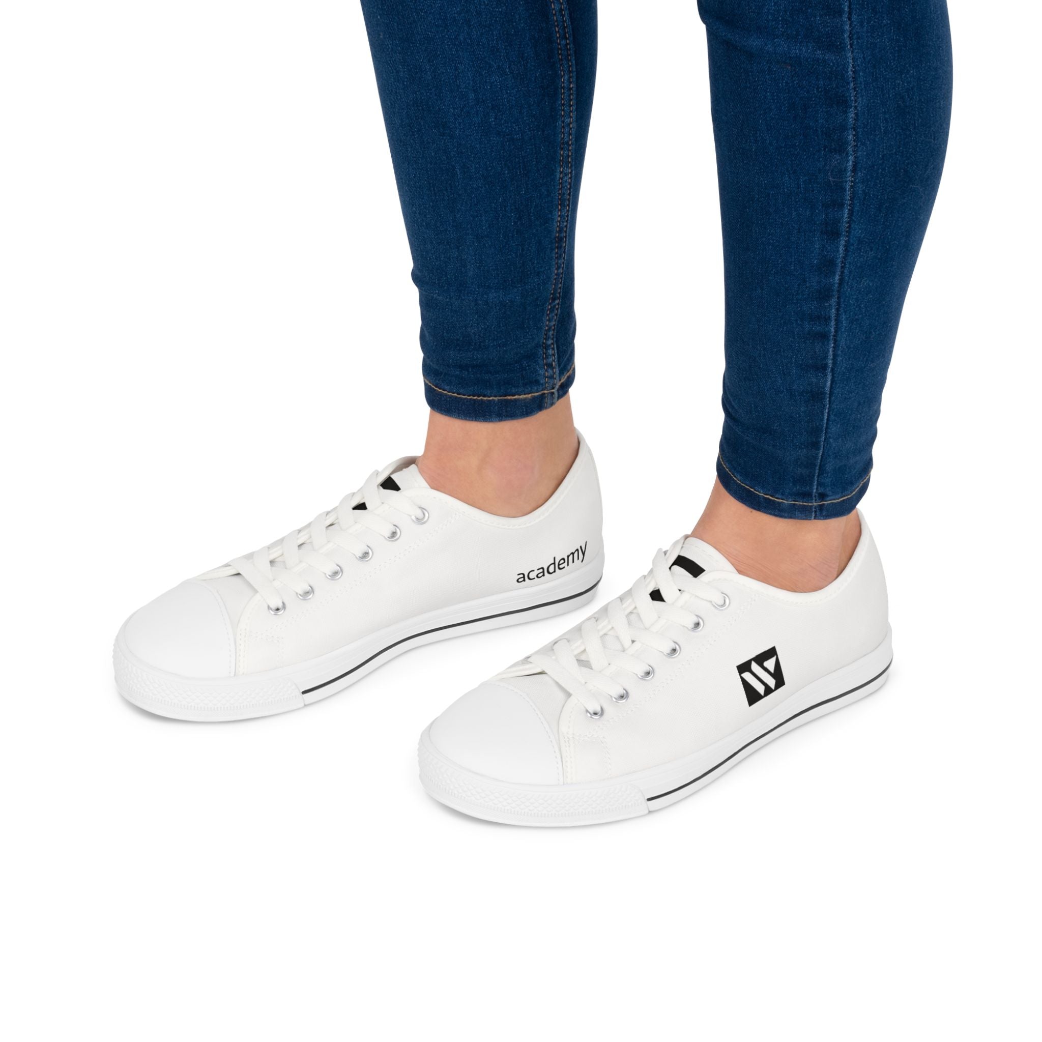 4 - Women's Low Top Sneakers — Minimal White Canvas Shoes with 'academy' Script Accent