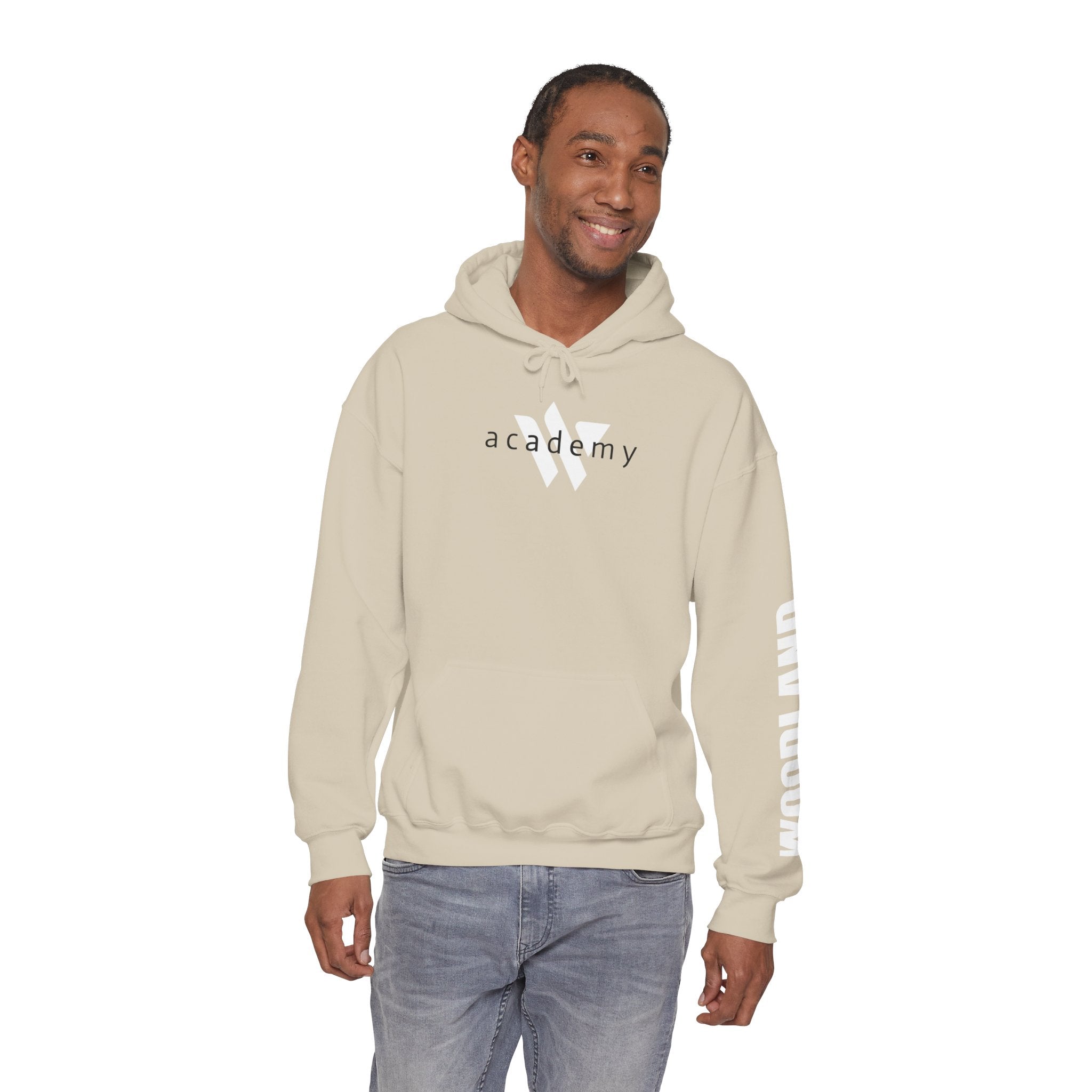 16 - Academy Printed Logo Multi Colors Hoodie — Woodland Sleeve Graphic Hooded Sweatshirt